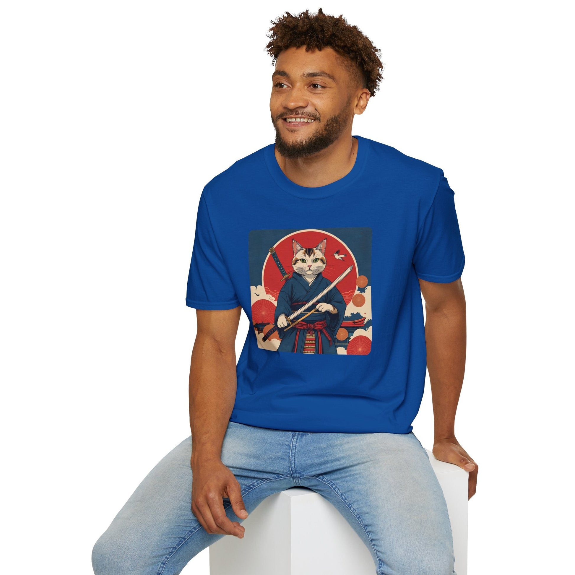Model wearing the Whisper of the Blade Samurai Cat T-Shirt in royal featuring a samurai cat holding a sword in front of a red sun.