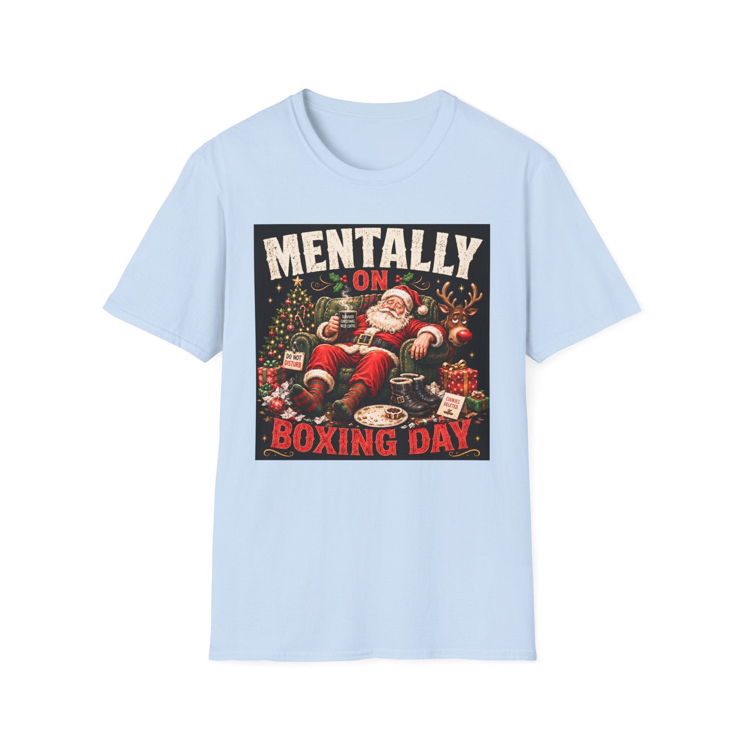 Mentally on Boxing Day Santa Christmas T-Shirt in light blue,  design featuring exhausted Santa, tired reindeer and festive Christmas chaos.