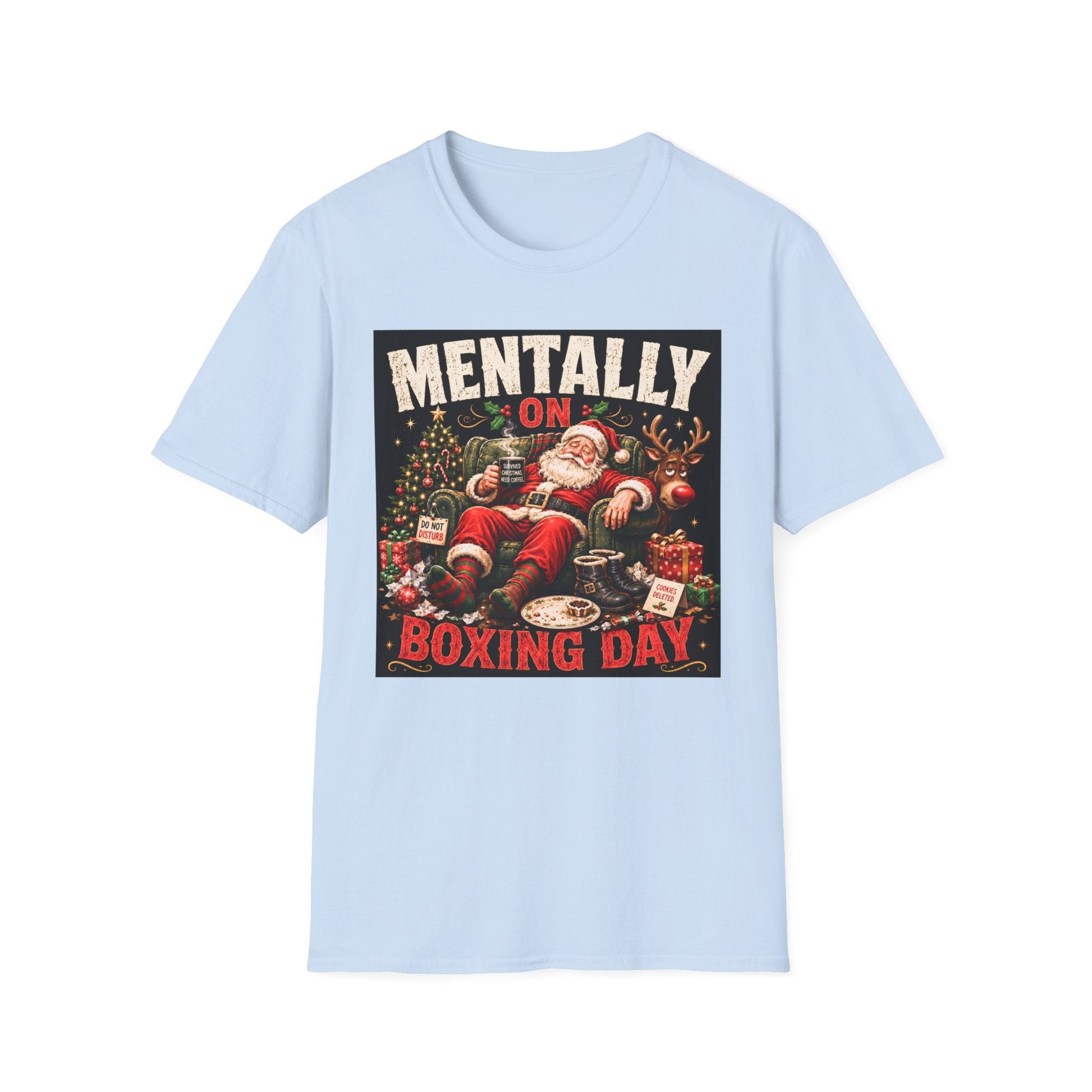 Mentally on Boxing Day Santa Christmas T-Shirt in light blue,  design featuring exhausted Santa, tired reindeer and festive Christmas chaos.