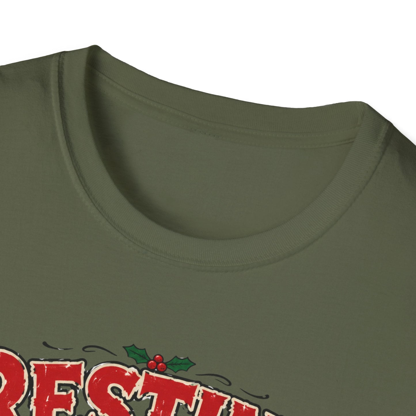 Close-up neckline image of the Resting Elf Face Christmas T-Shirt in military green 