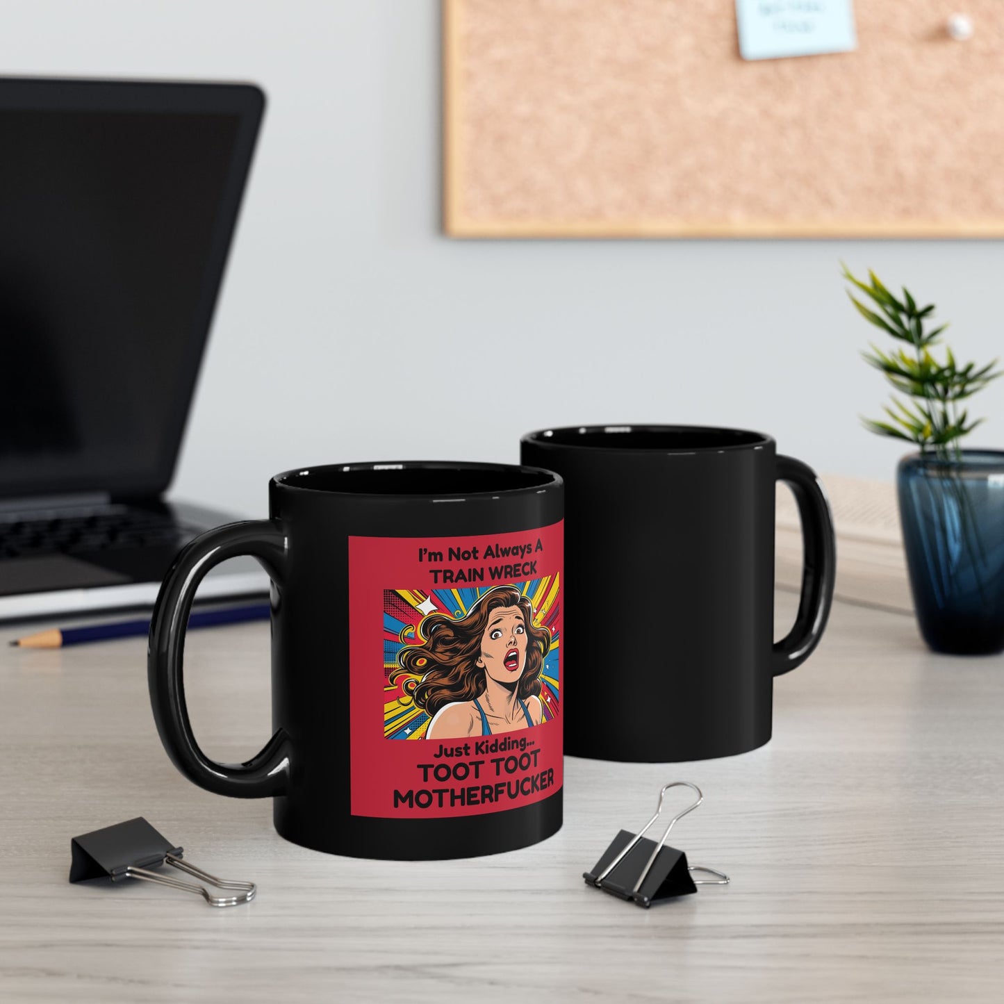 Front and Back View - Black mug with a colorful graphic and text 