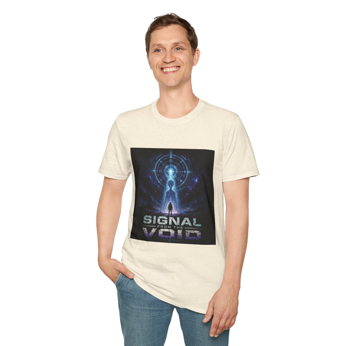 Signal from the Void T-Shirt in natural shown on model with mysterious alien sci-fi graphic design