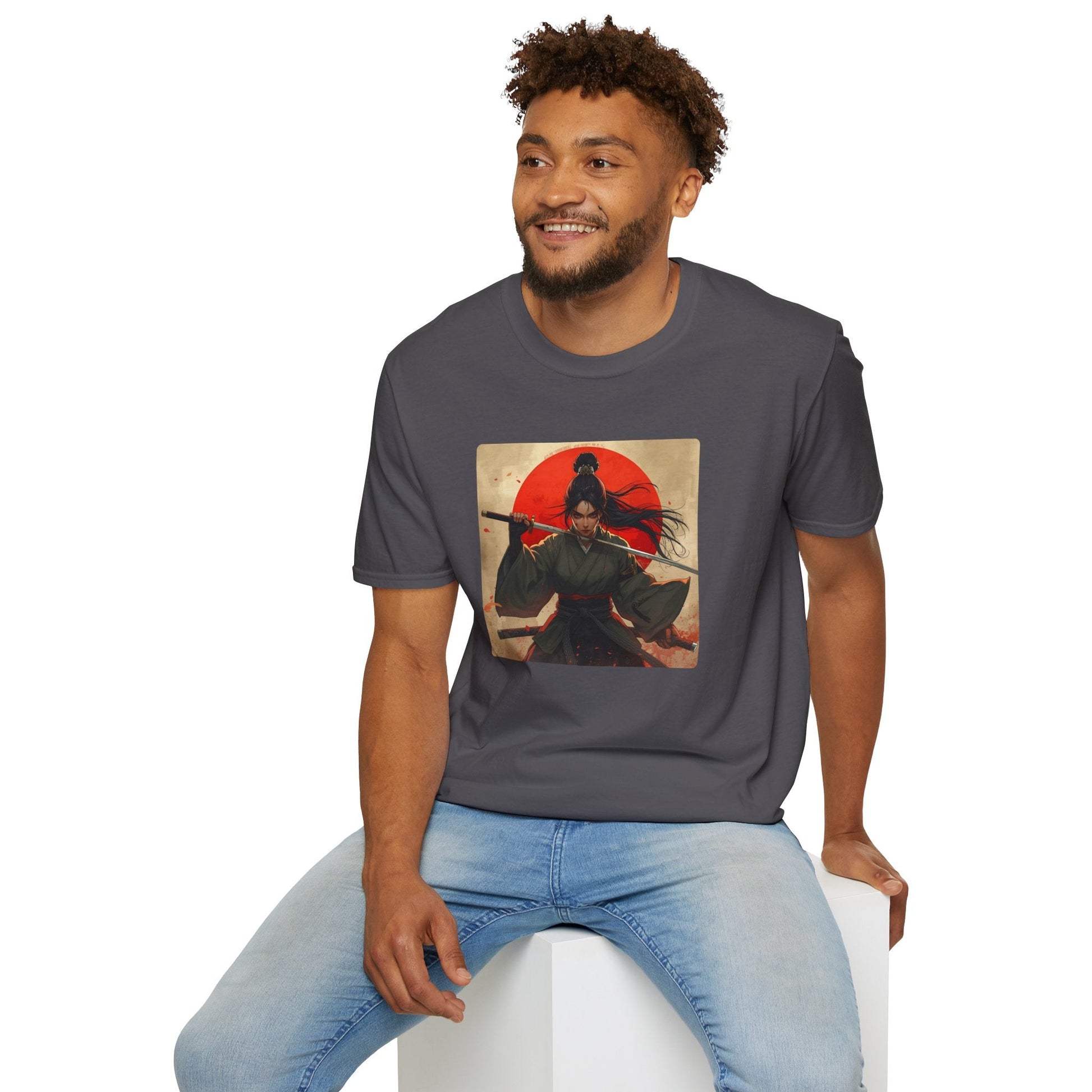 Model wearing the Red Sun Resolve Samurai Warrior T-Shirt in charcoal featuring a Japanese-inspired warrior holding a katana beneath a bold red sun.