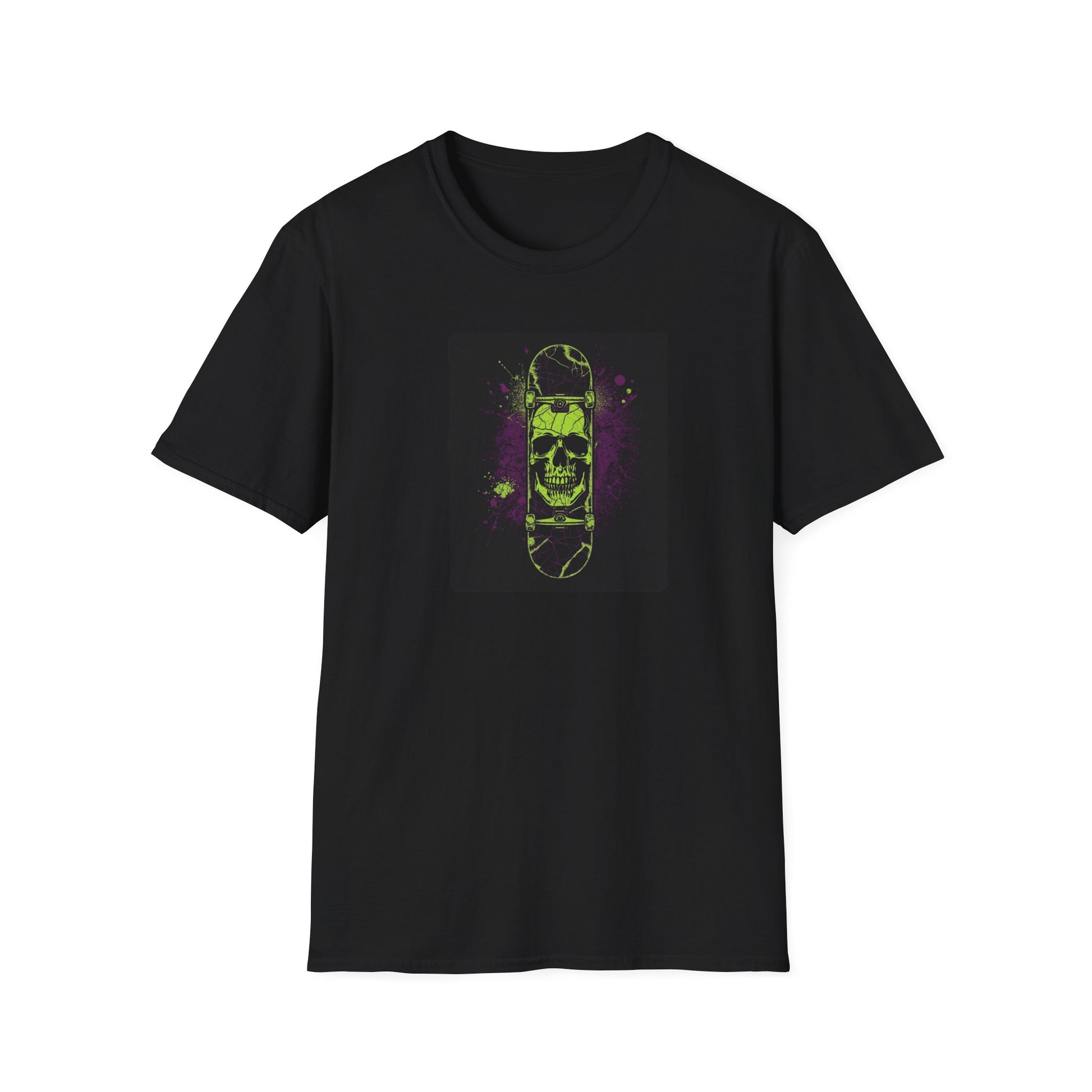 Neon Skull Skateboard – Electric Street Rebel T-Shirt in Black