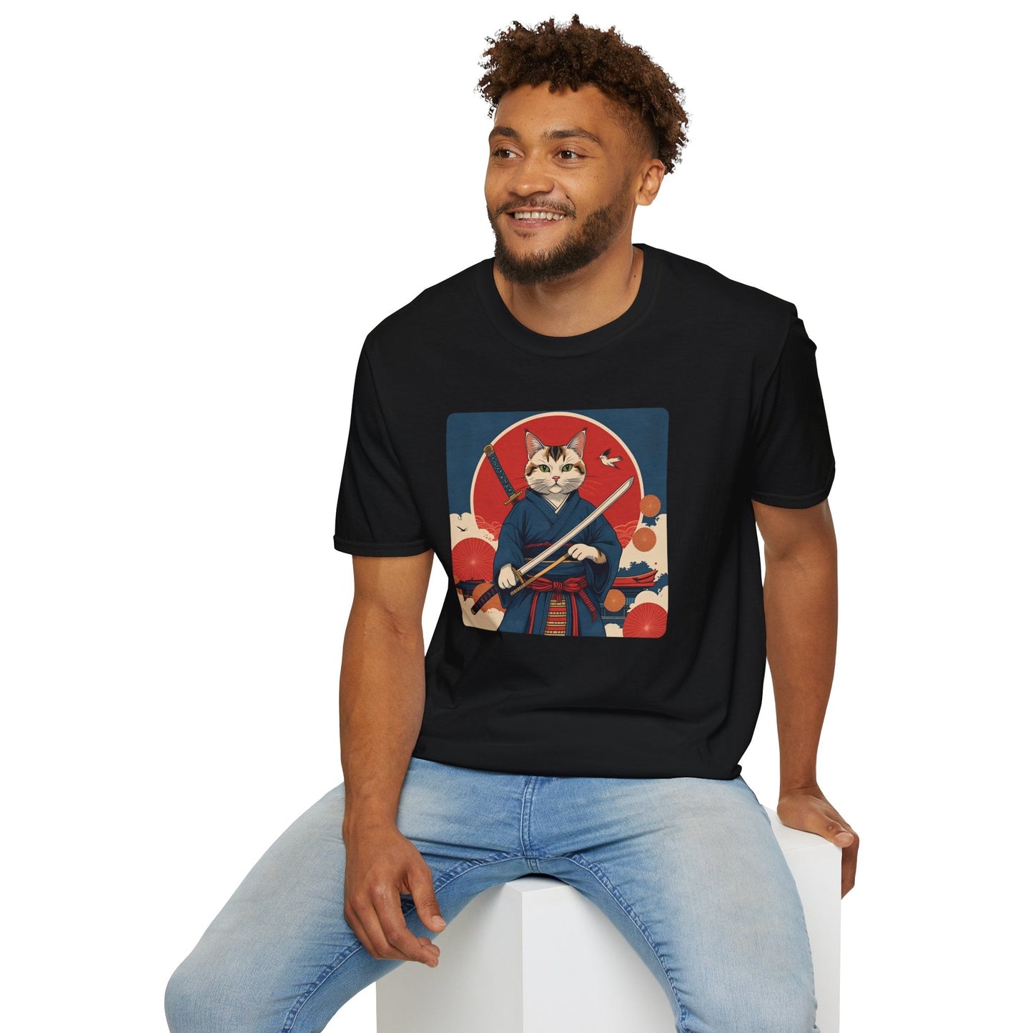 Model wearing the Whisper of the Blade Samurai Cat T-Shirt in black featuring a samurai cat holding a sword in front of a red sun.