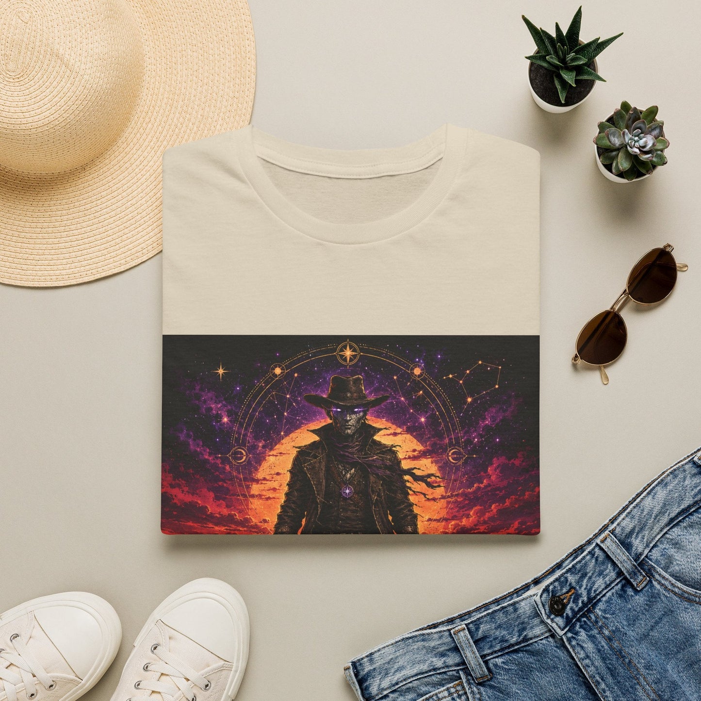 Folded Starseed Outlaw T-shirt in natural artwork featuring cosmic rebel and alien-inspired graphic style.