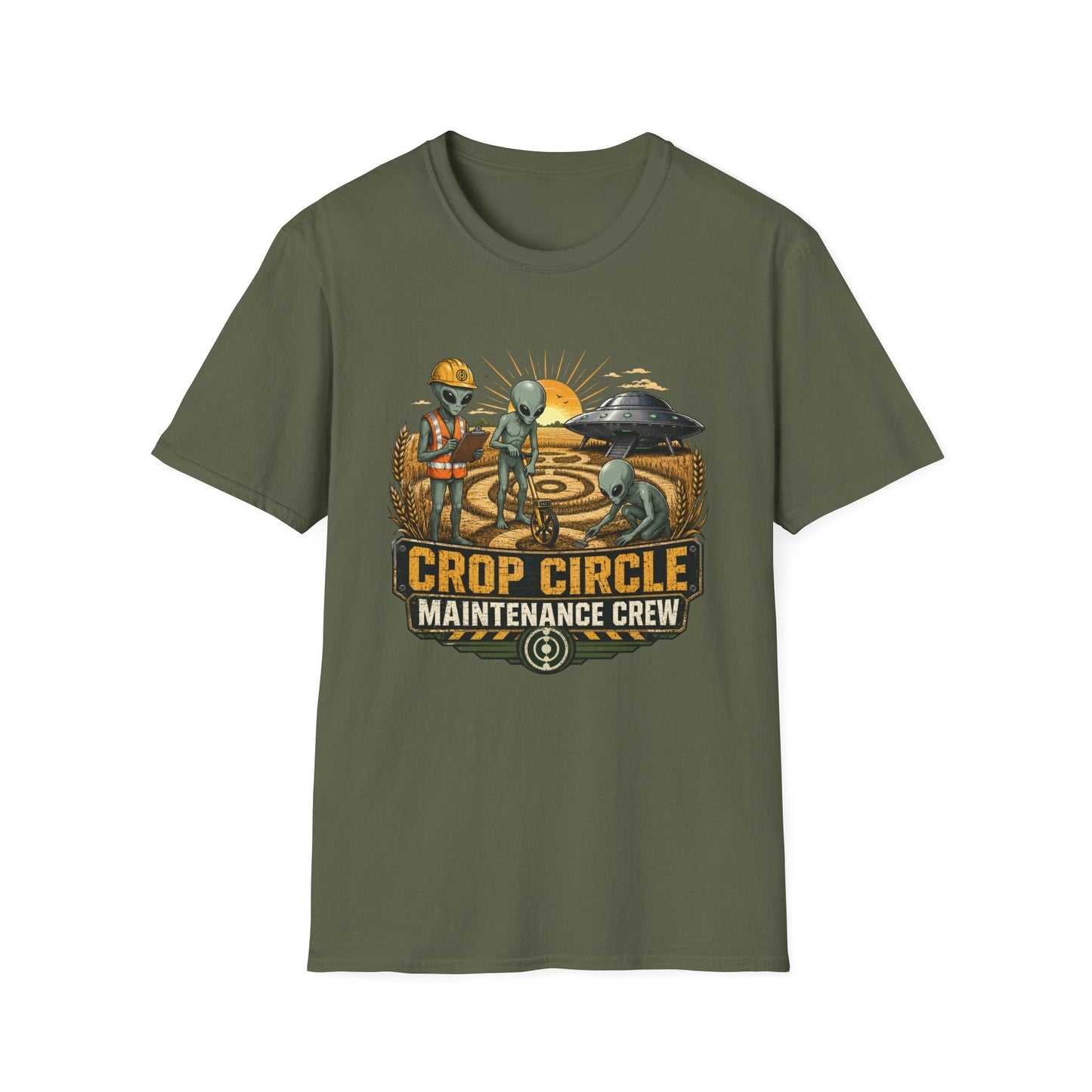 Crop Circle Maintenance Crew T-Shirt in military green, artwork featuring aliens maintaining a crop circle in a wheat field with a UFO and bold vintage work crew text.