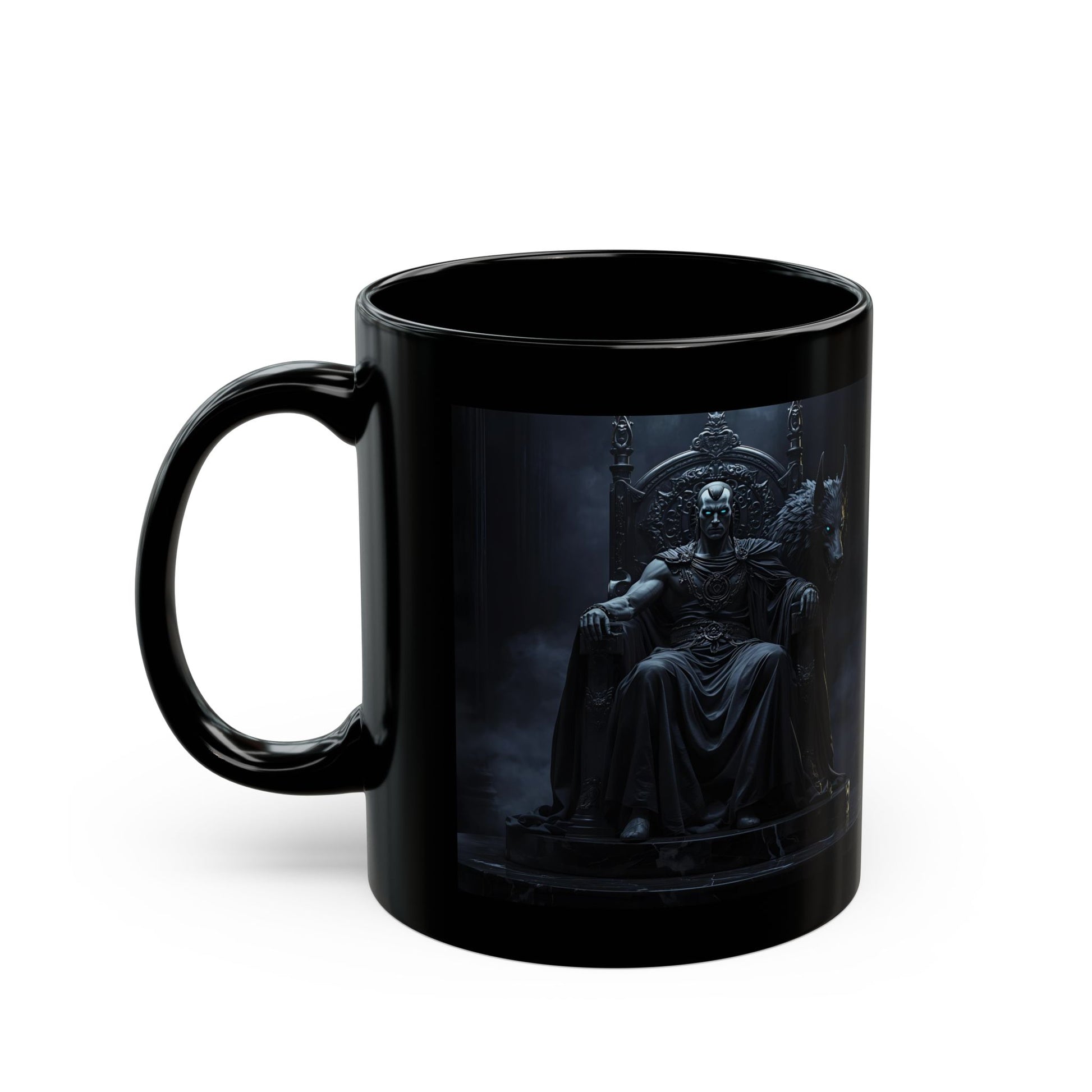 Hades - Silent Powerful Eternal Mug - Black mug with a dark-themed design of Hades on his throne 