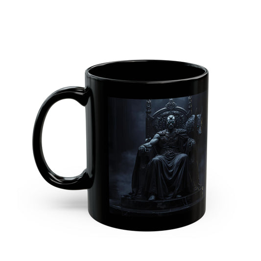 Hades - Silent Powerful Eternal Mug - Black mug with a dark-themed design of Hades on his throne 