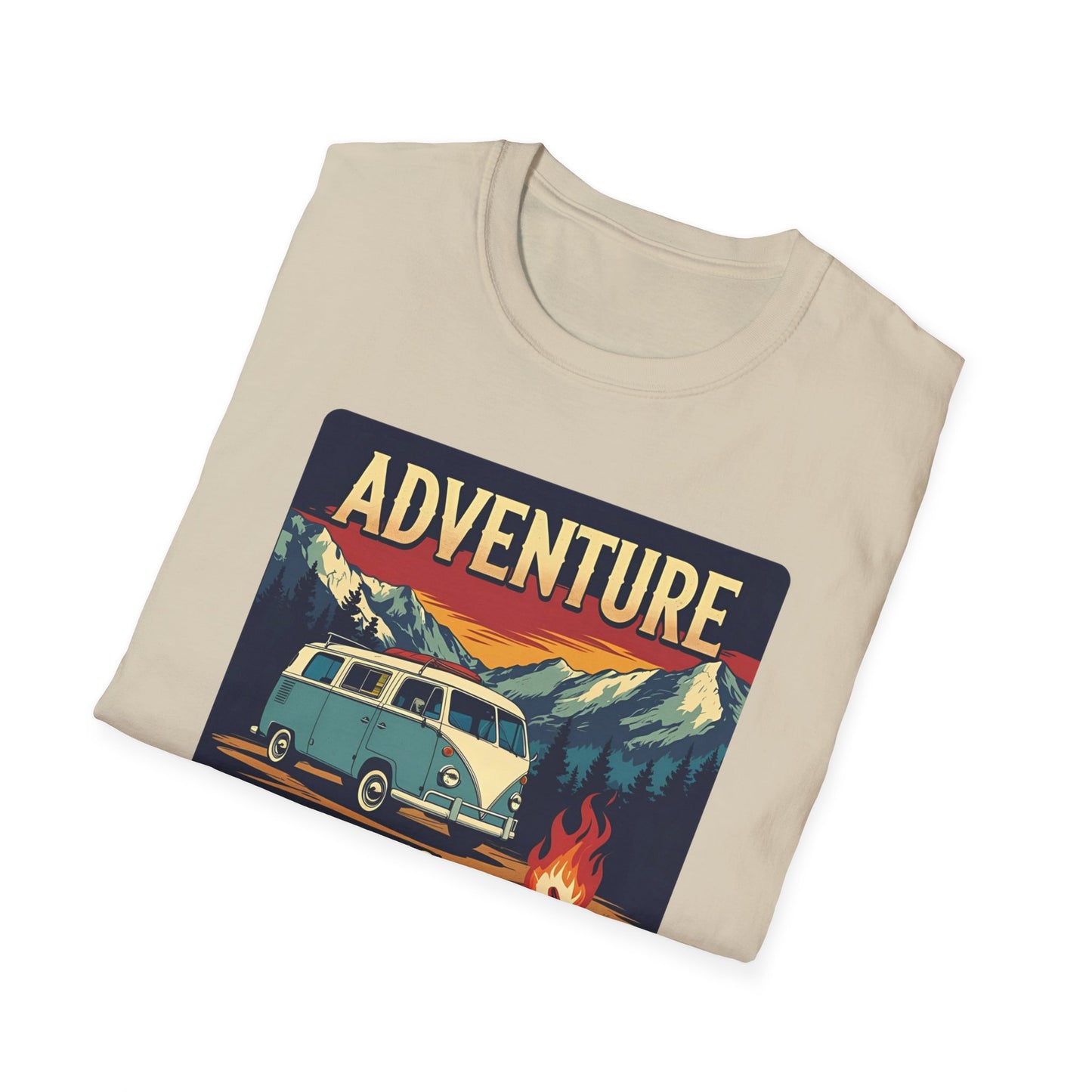 Adventure Awaits - Retro Camper Van Adventure T-Shirt in Sand - Folded