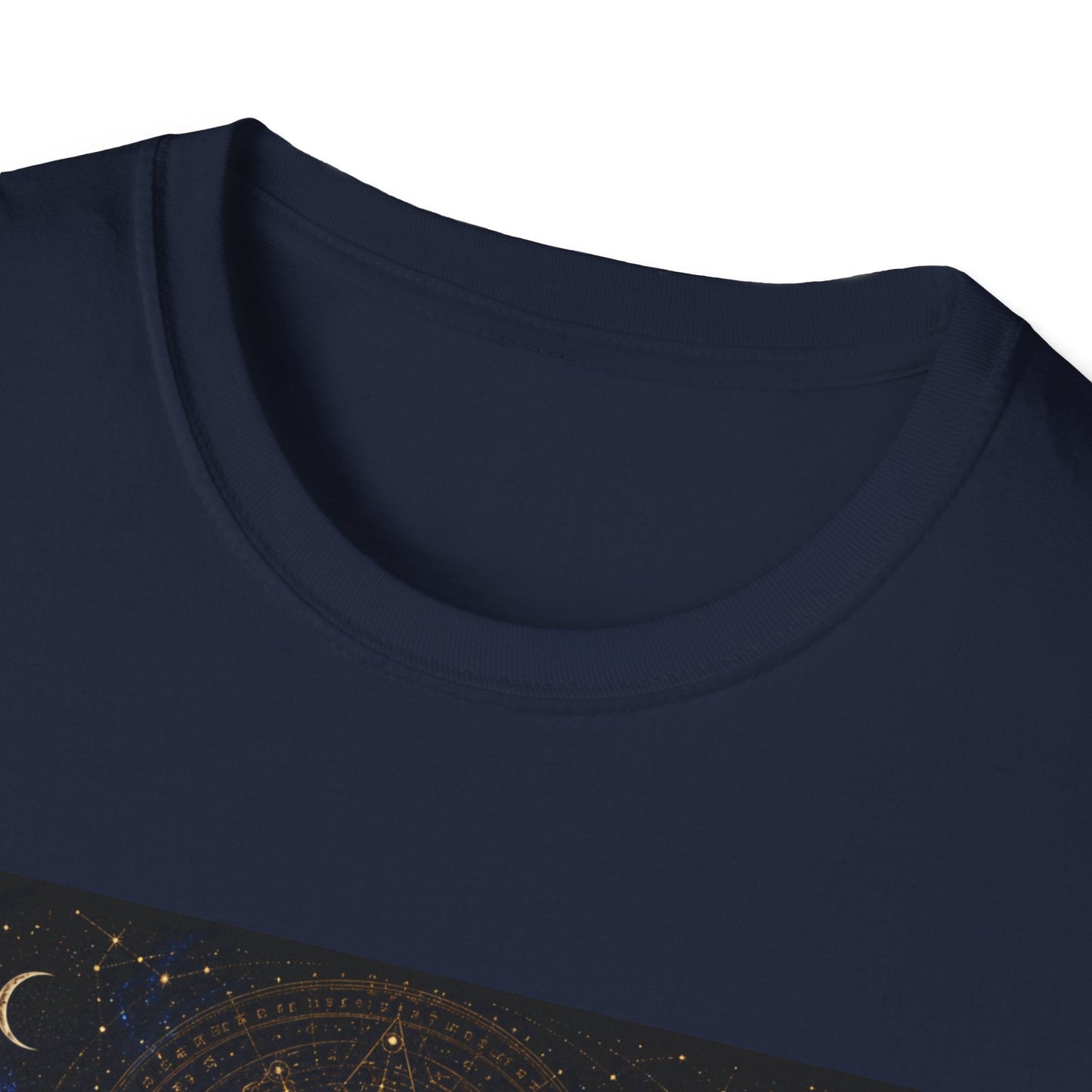 Neckline view of the They Remember the First Sky T-Shirt in navy showing part of the cosmic ancient alien graphic design.