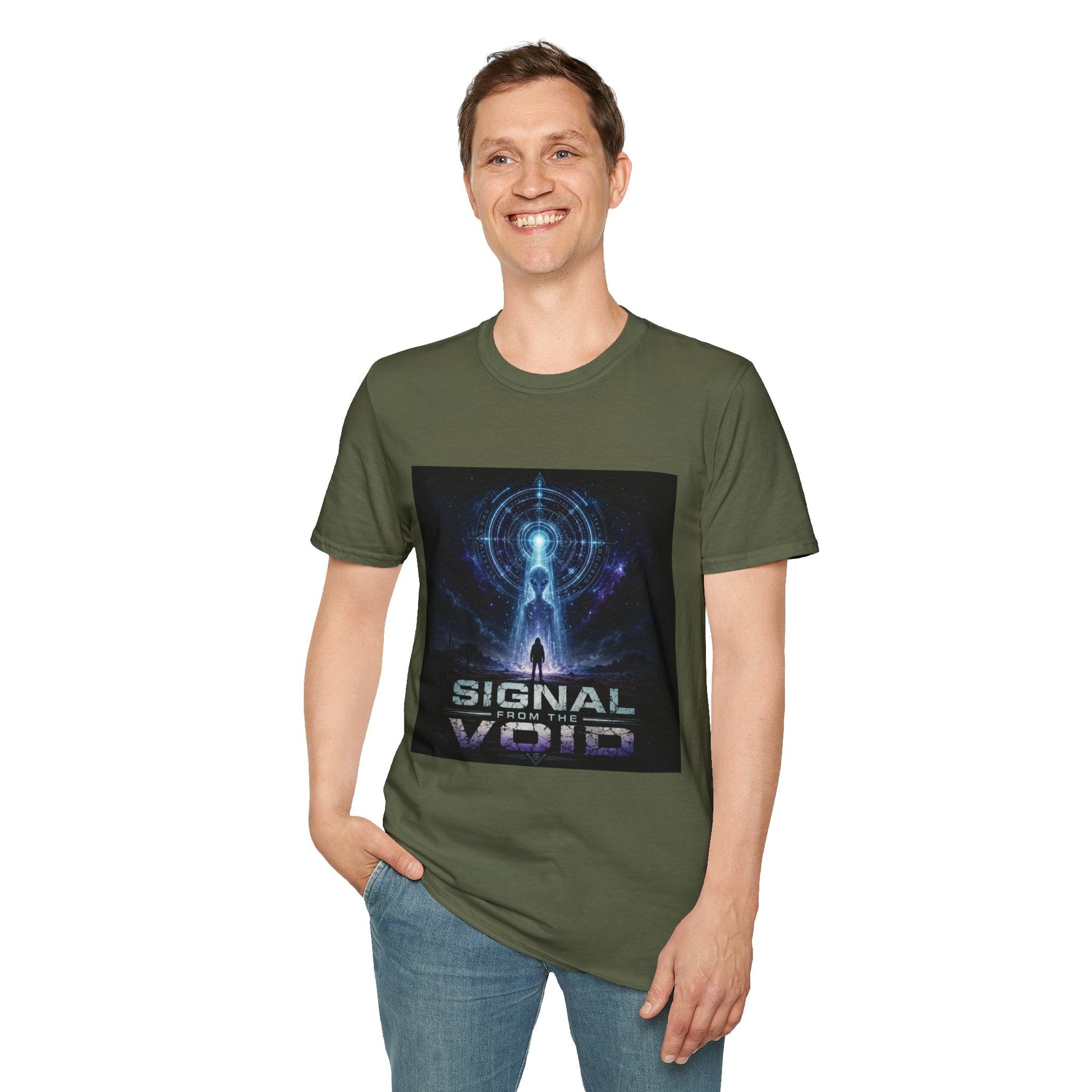 Signal from the Void T-Shirt in military green shown on model with mysterious alien sci-fi graphic design