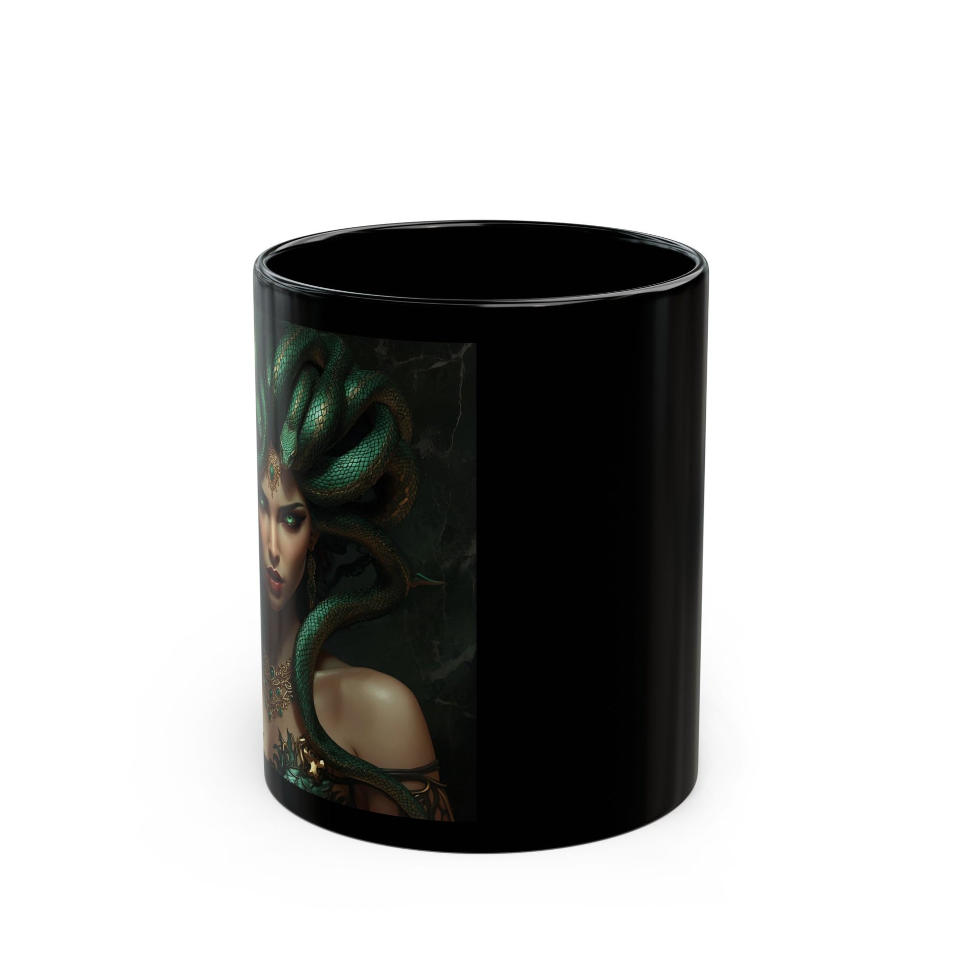 Medusa - Gilded Gaze Mug - side view - black mug with Medusa image