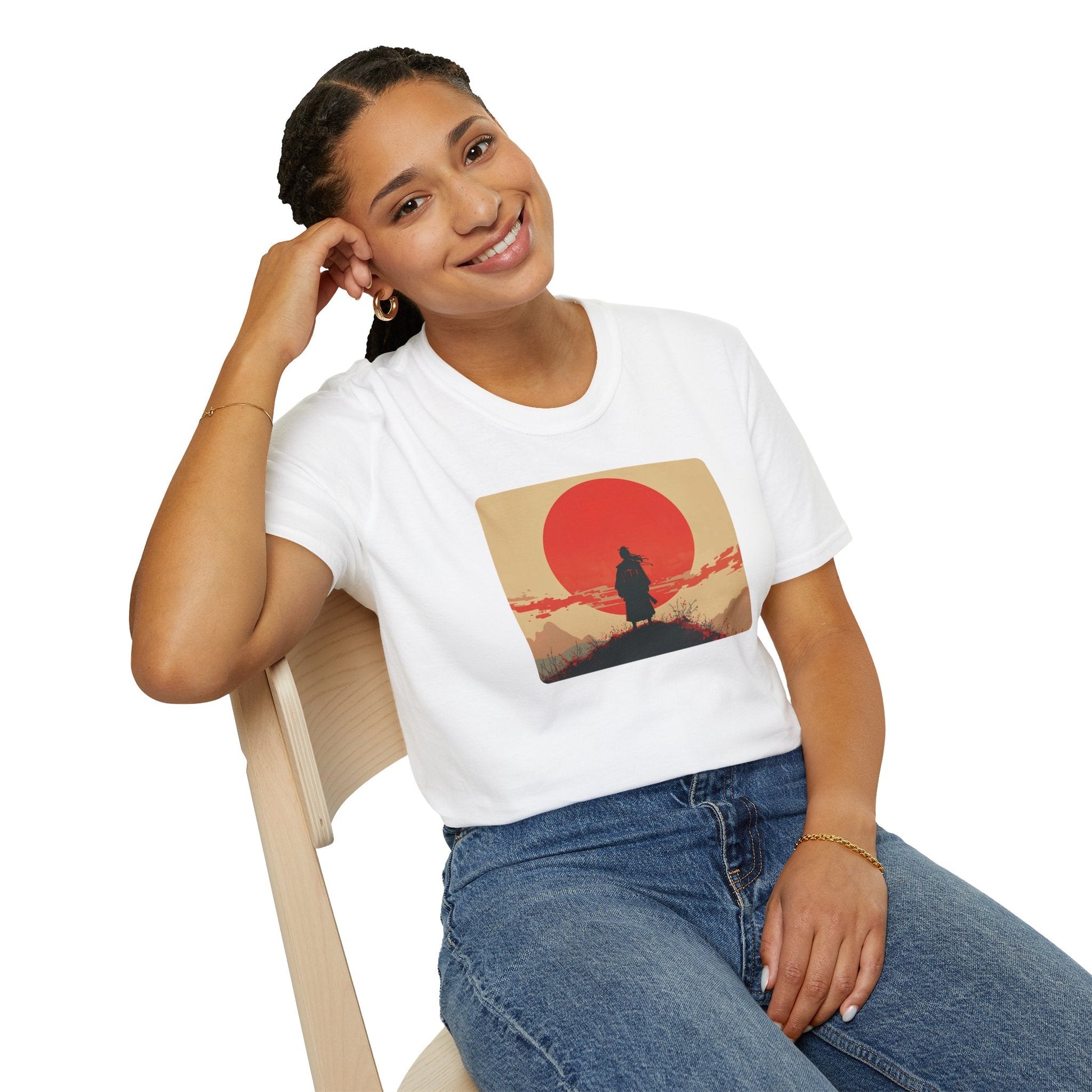 Model wearing the Longing Samurai Beneath the Crimson Sun T-Shirt in white featuring a lone samurai silhouette beneath a large crimson sun.