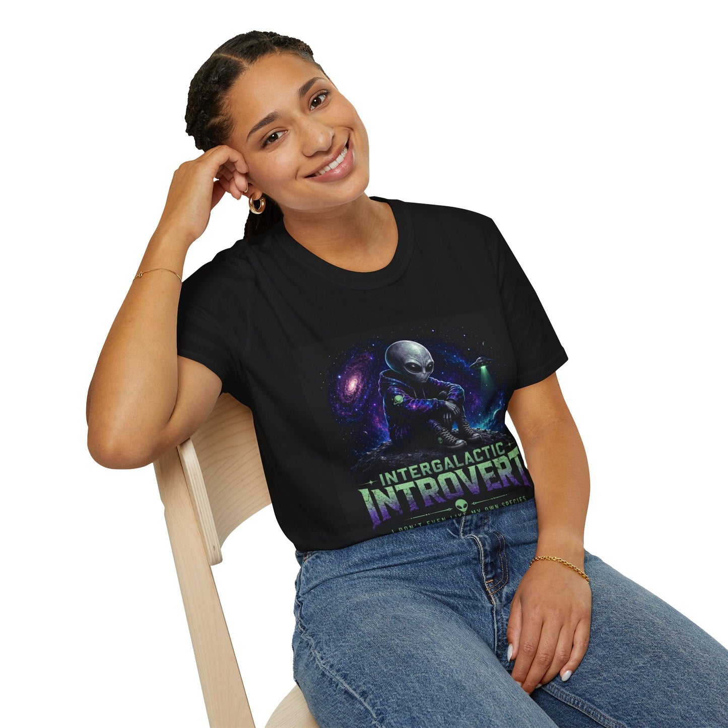 Intergalactic Introvert T-Shirt in black shown on model with funny alien graphic design
