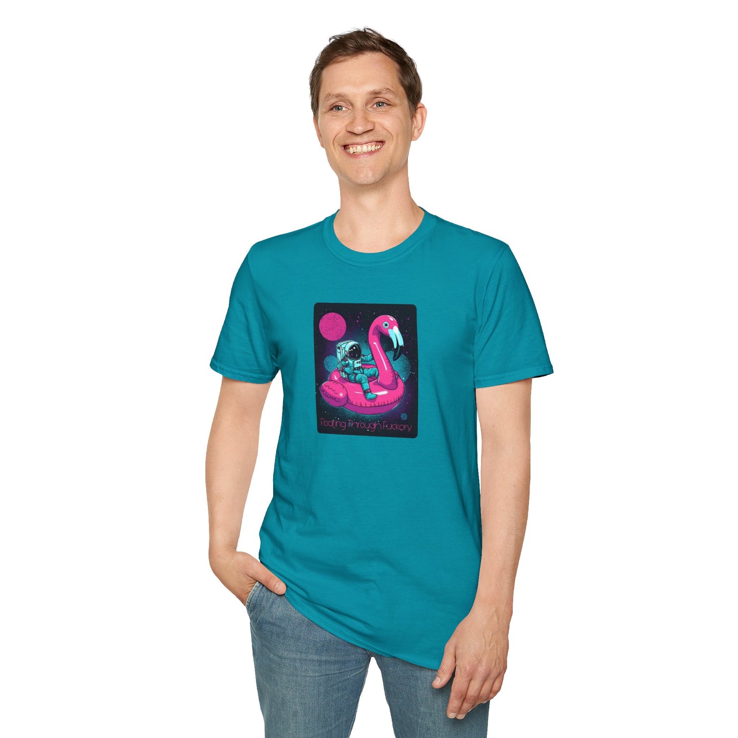 Floating Through Fckery T-Shirt – Surreal Astronaut Flamingo Space Tee