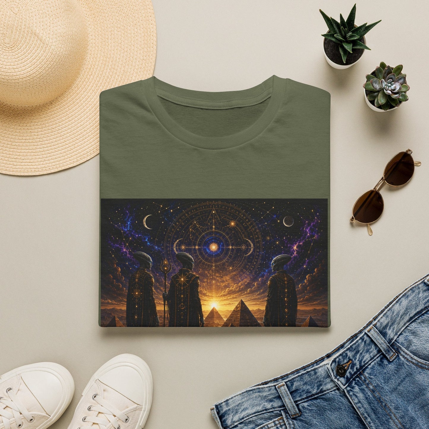 Folded They Remember the First Sky T-Shirt in military green with cinematic ancient alien pyramid artwork displayed on the front.