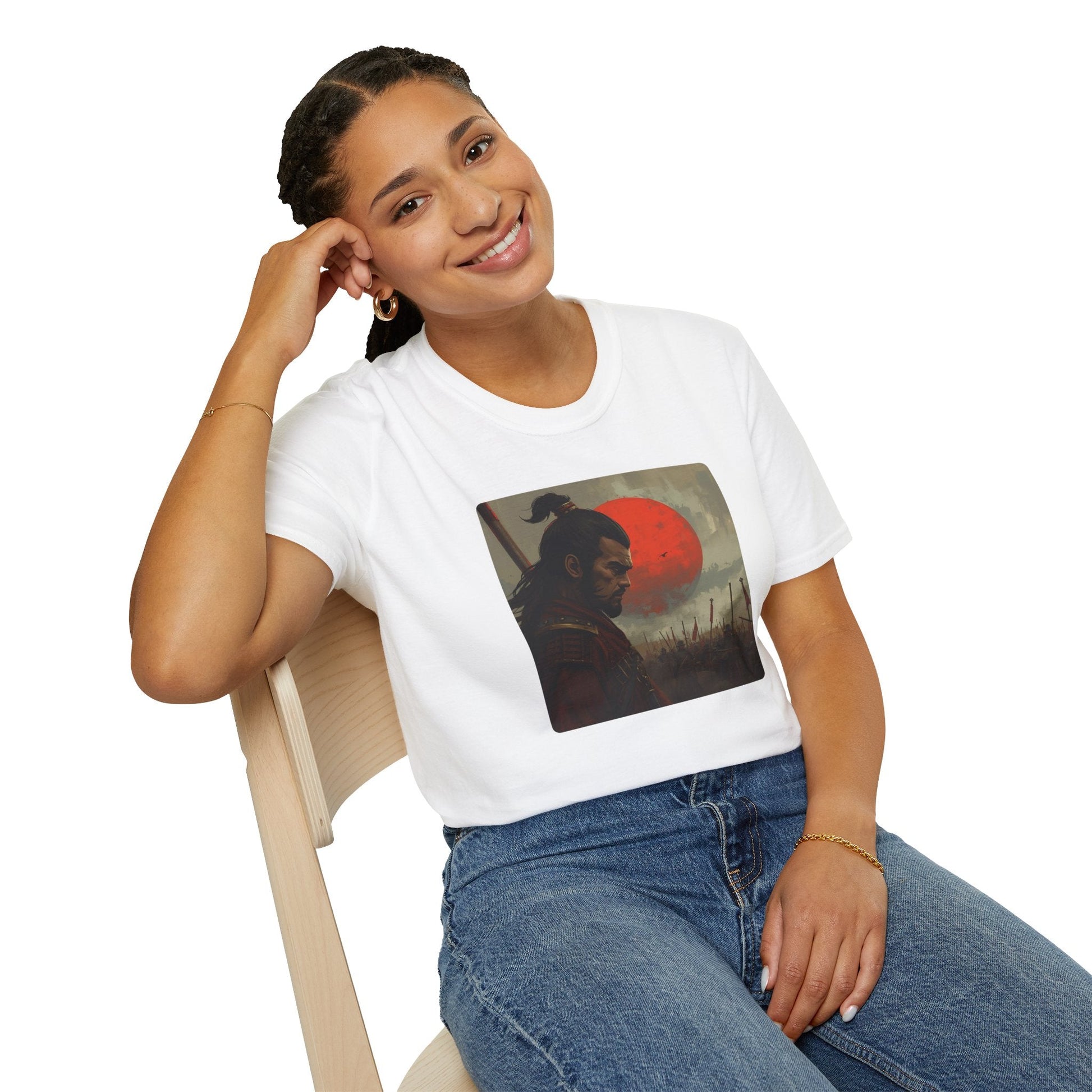 Model wearing the After the Silence Samurai Beneath the Blood Moon T-Shirt in white featuring a Japanese-inspired samurai warrior beneath a dramatic red moon.
