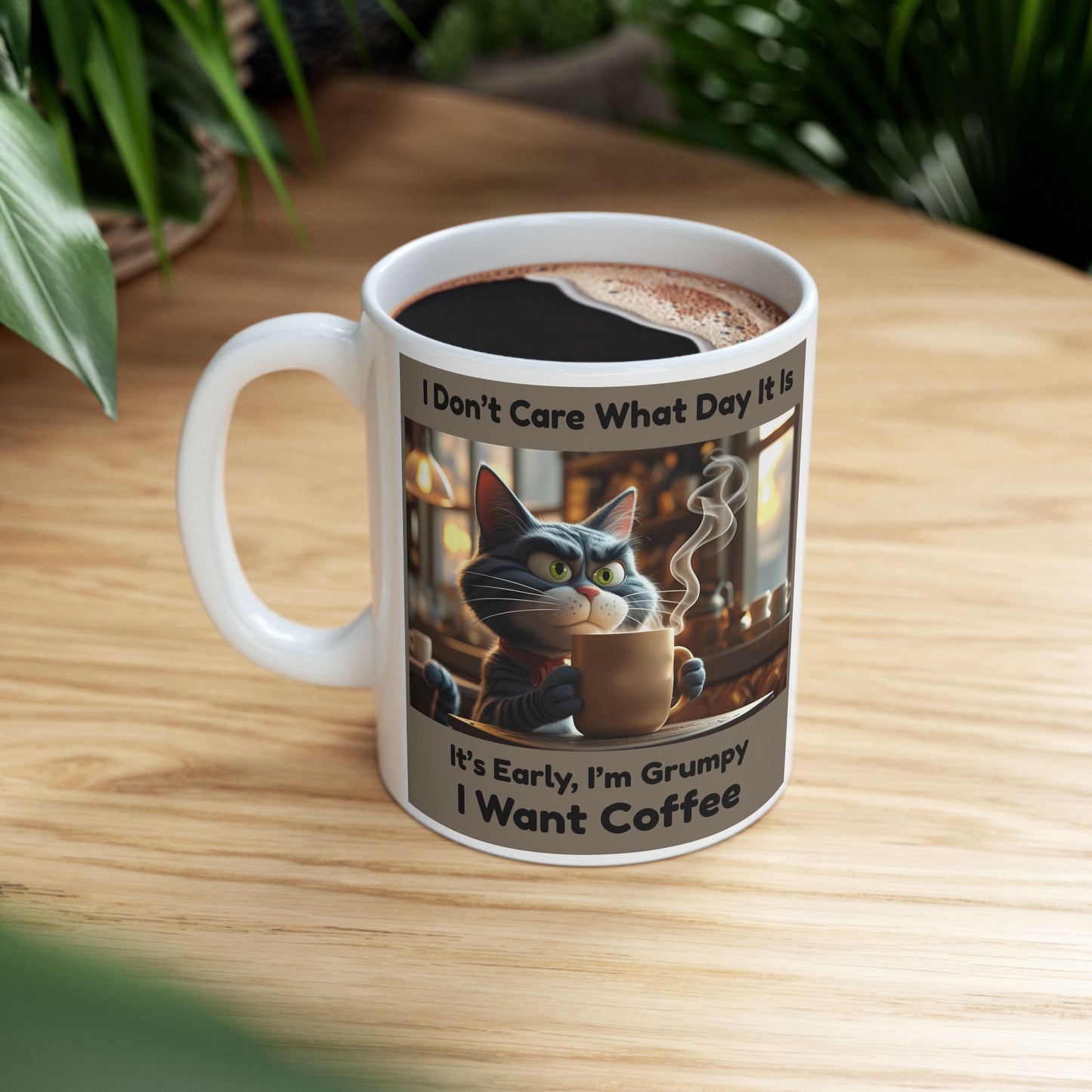 Mug with a cat design and text on a wooden surface