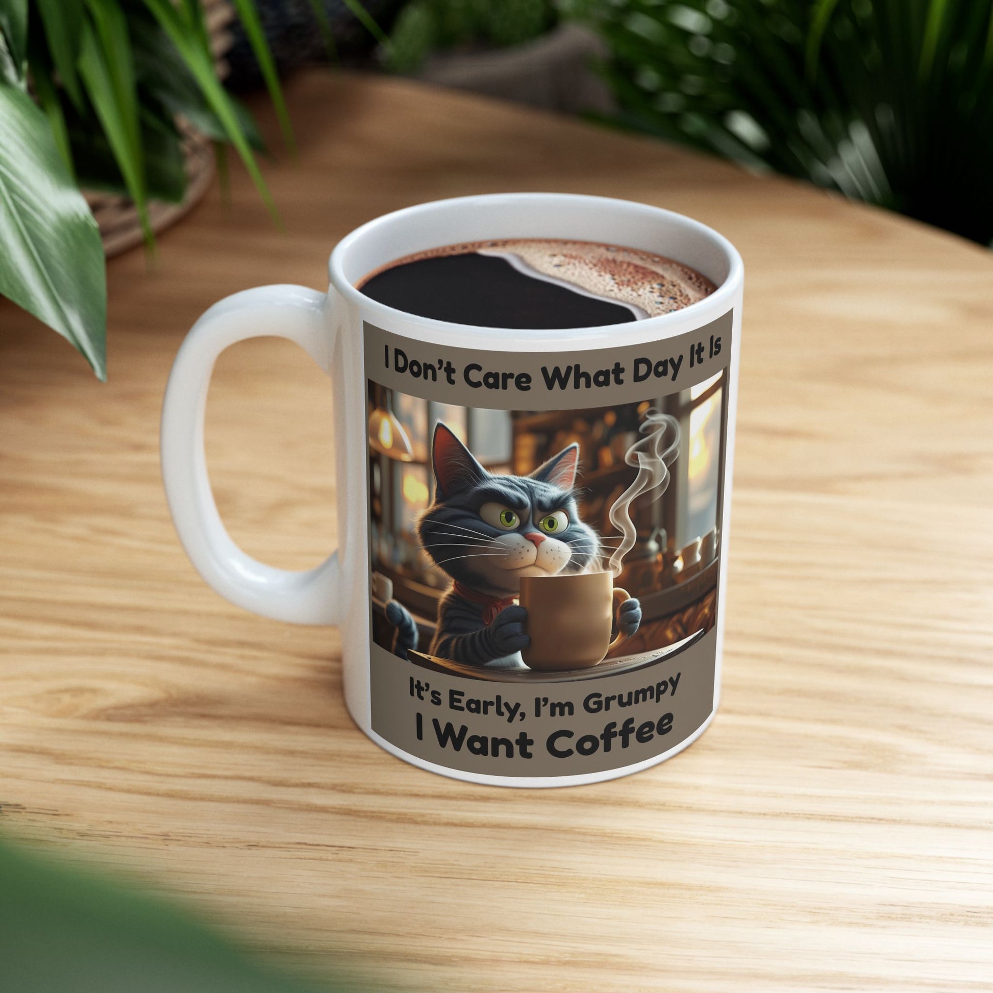 Mug with a cat design and text on a wooden surface