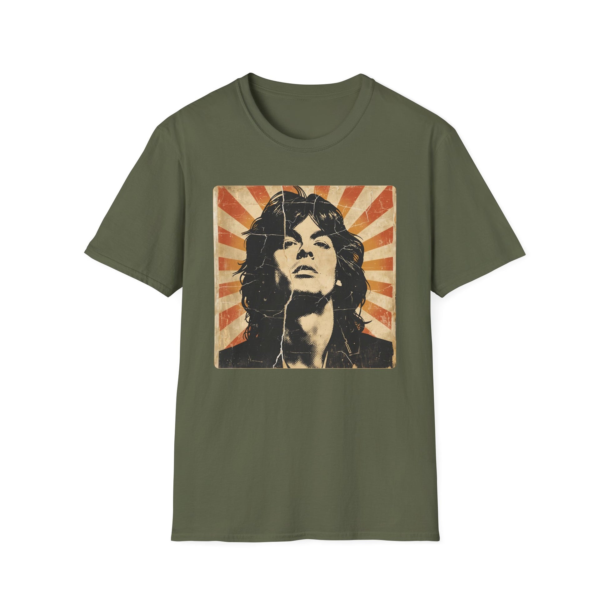 Vintage Rock Legend T-Shirt — Retro Music Icon Headshot Tee in Military Green