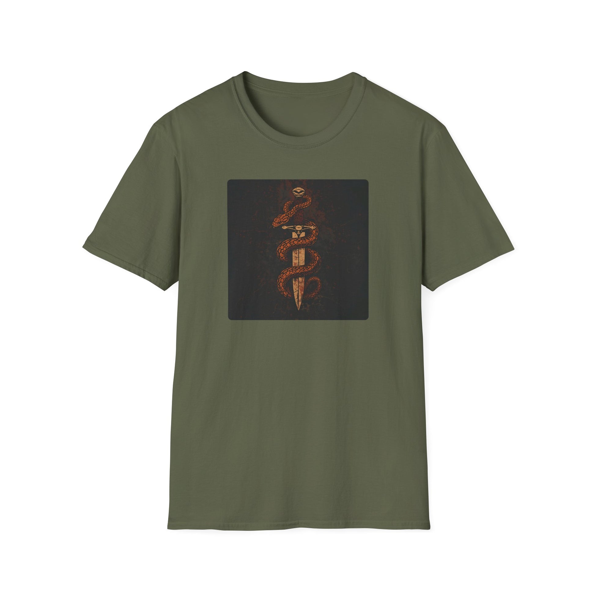 Venom & Virtue T-Shirt — Gothic Snake and Dagger in Military Green