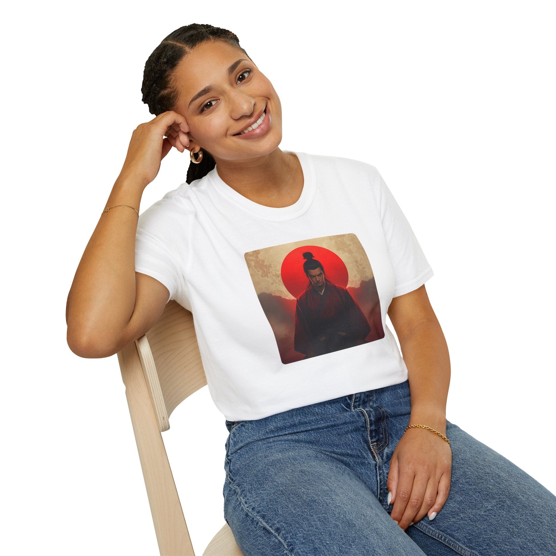 Model wearing the Samurai Sunset Warrior at the Edge of Day T-Shirt in white featuring a Japanese-inspired warrior beneath a red sunset.