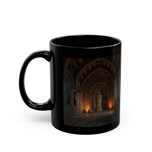 Alcove of Quiet Light mug - Black mug with a medieval design 