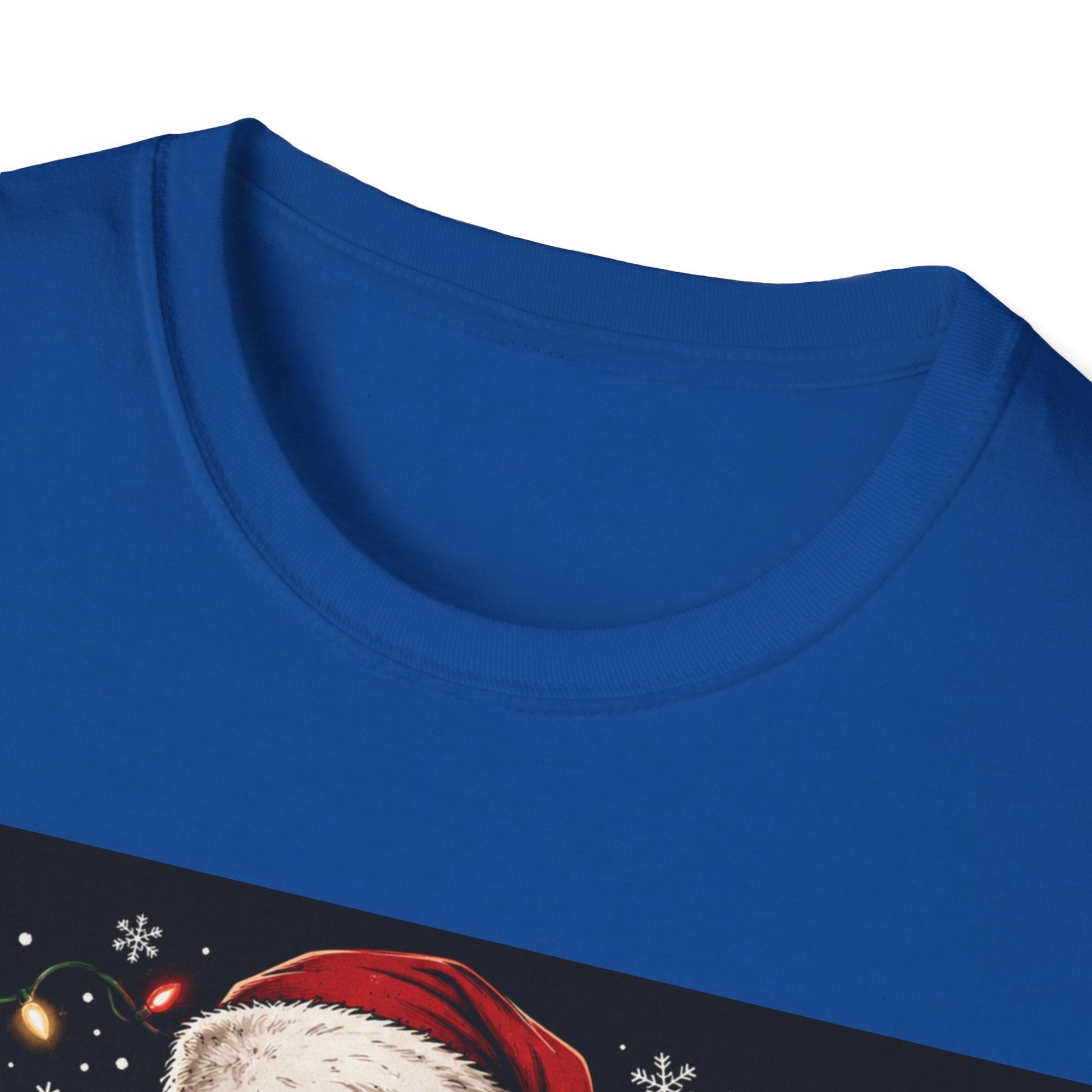 Close-up neckline image of the Santa Saw That Christmas T-Shirt in royal 