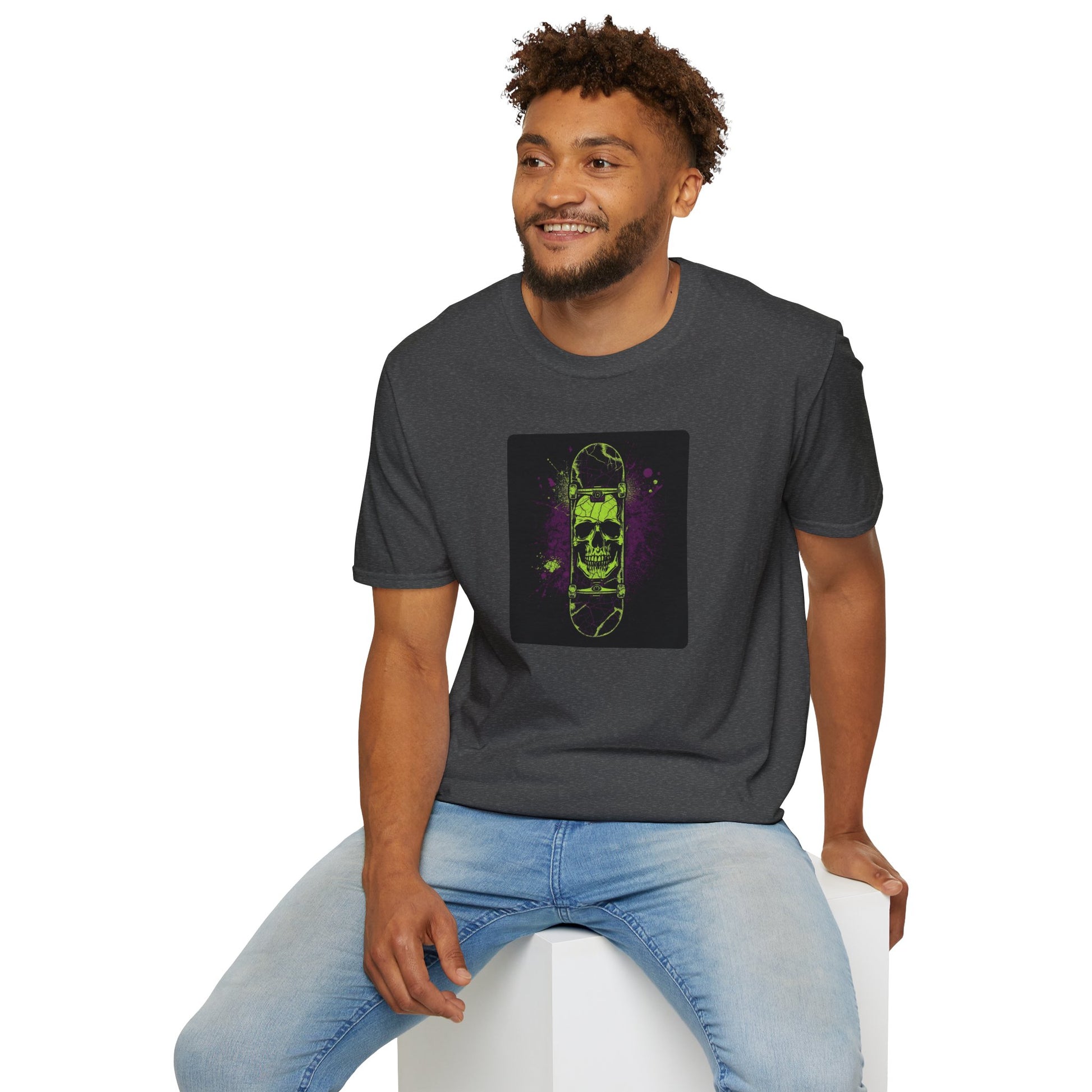 Neon Skull Skateboard T-Shirt with electric street rebel artwork in Dark Heather