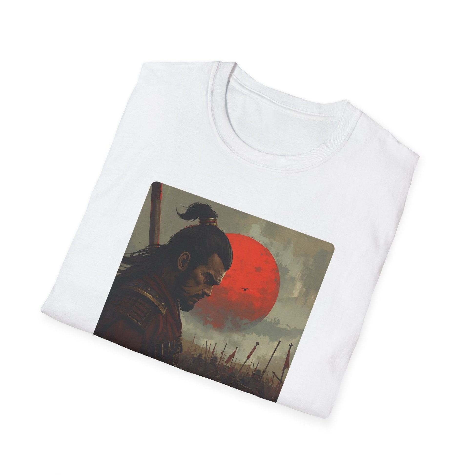 Folded After the Silence Samurai Beneath the Blood Moon T-Shirt in white showing dark samurai artwork with a red moon, battlefield scene and cinematic Japanese-inspired design.