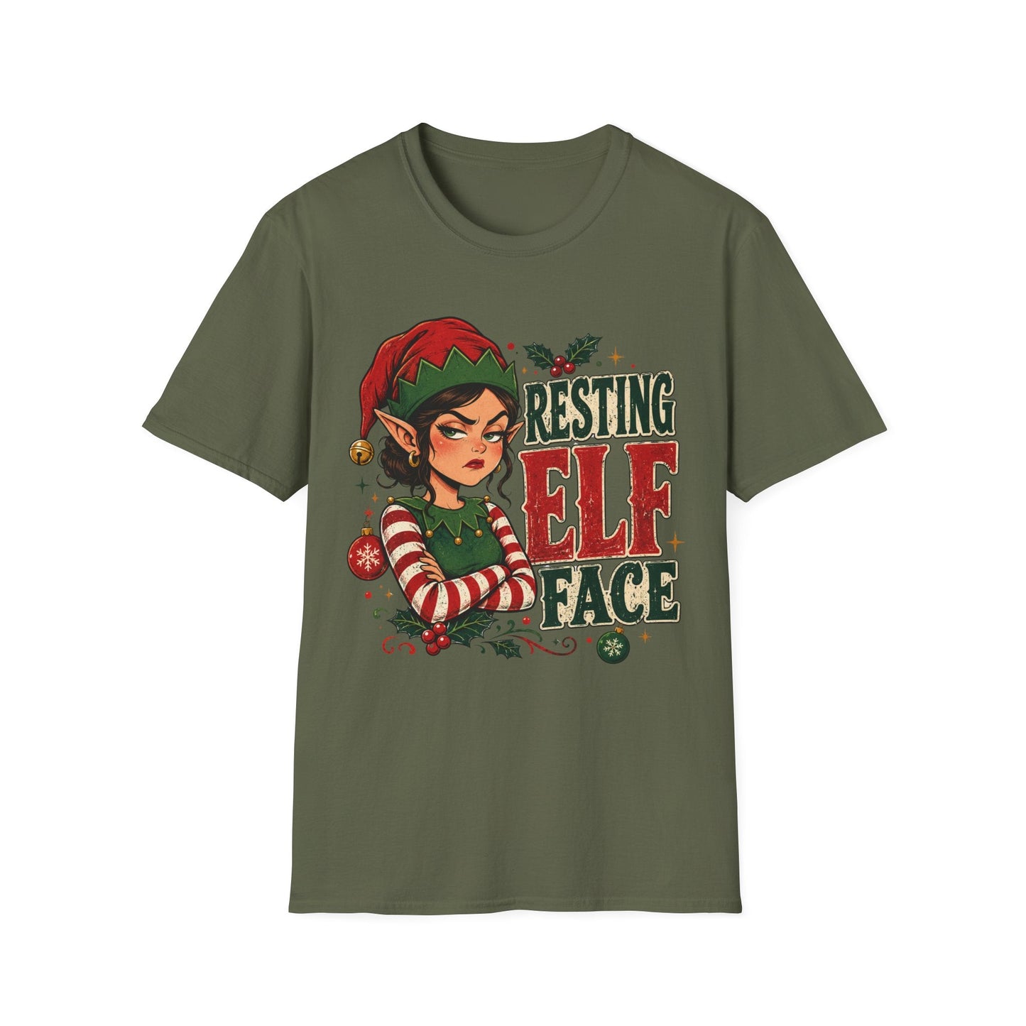 Resting Elf Face Sassy Elf Christmas T-Shirt in military green, design featuring an unimpressed female elf with festive attitude.