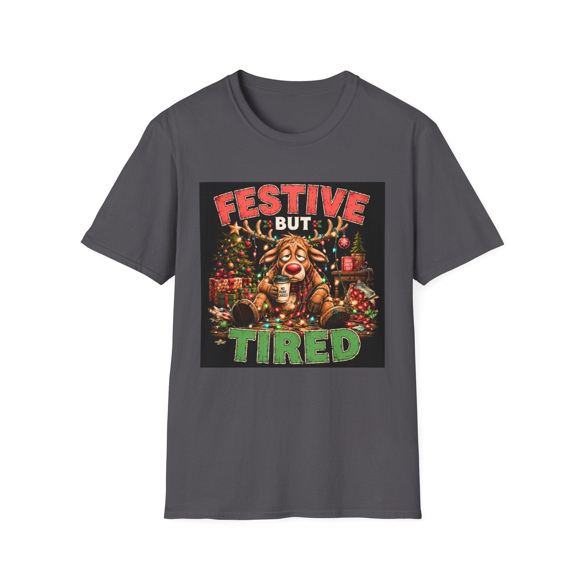 Festive But Tired Reindeer Christmas T-Shirt in charcoal design featuring an exhausted reindeer tangled in Christmas lights with coffee and festive chaos.