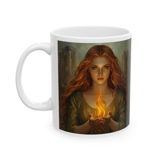 Brigid Flame – Celtic Goddess Mug - white mug with image of Brigid
