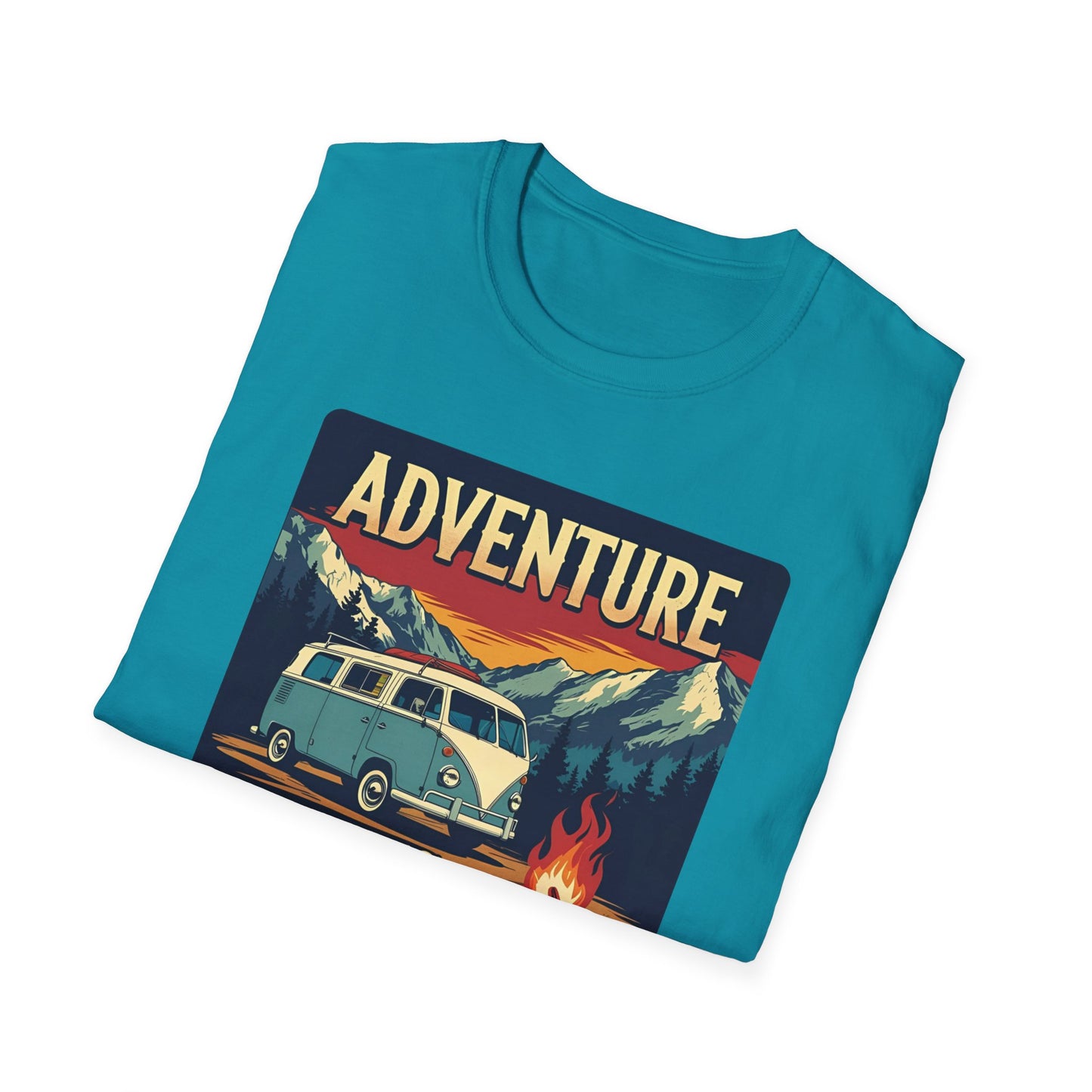 Adventure Awaits - Retro Camper Van Adventure T-Shirt in Tropical Blue - Folded