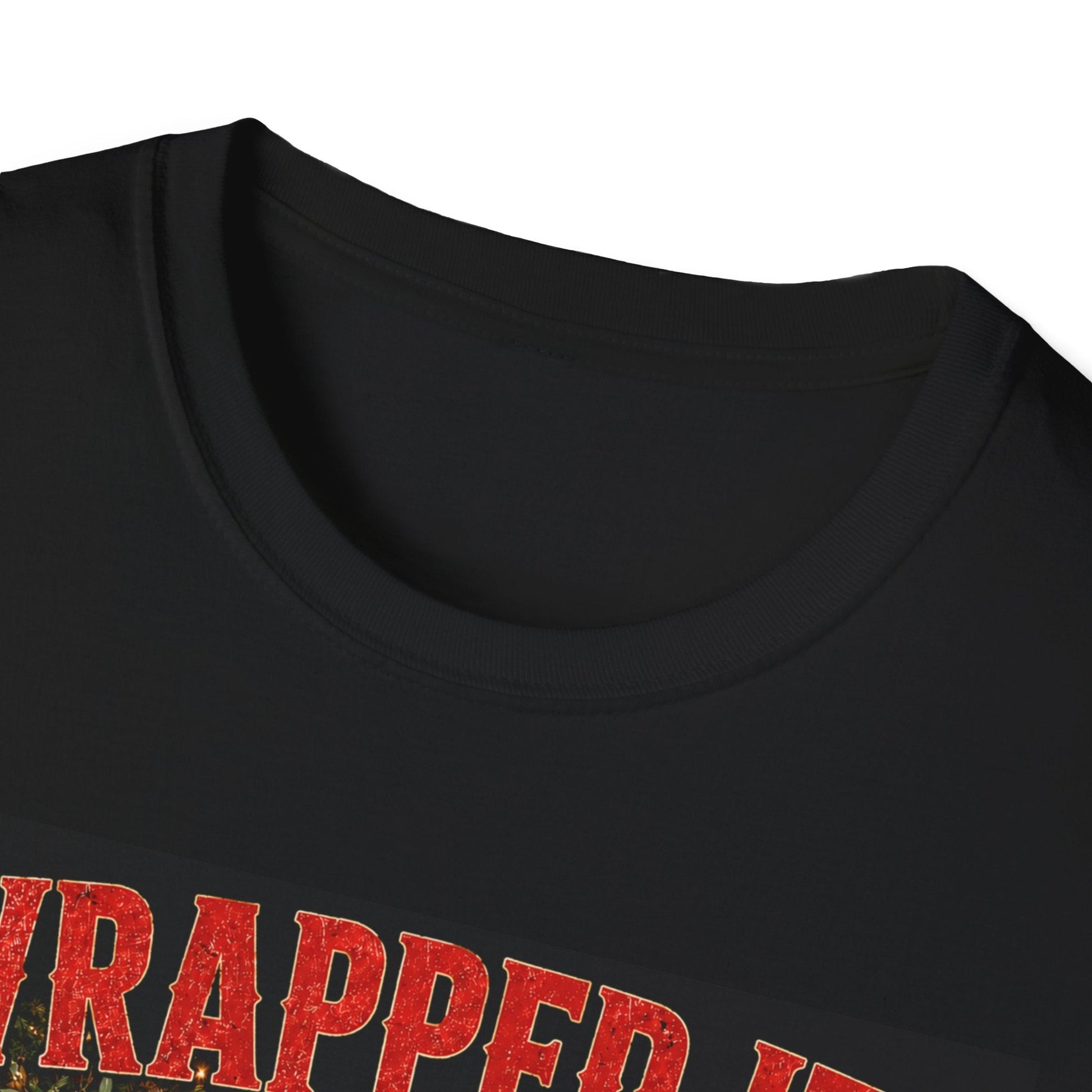 Close-up neckline image of the Wrapped It. Regretted It. Koala Christmas T-Shirt in black