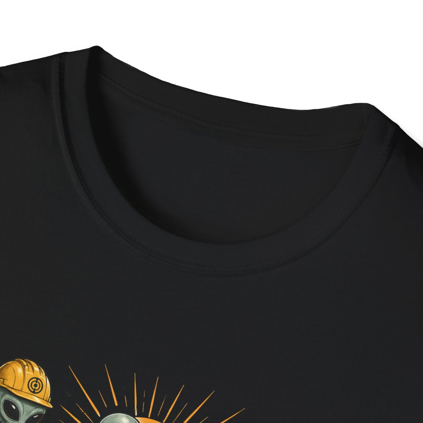 Close-up neckline view of the Crop Circle Maintenance Crew T-Shirt in black with alien crop circle artwork visible on the front.