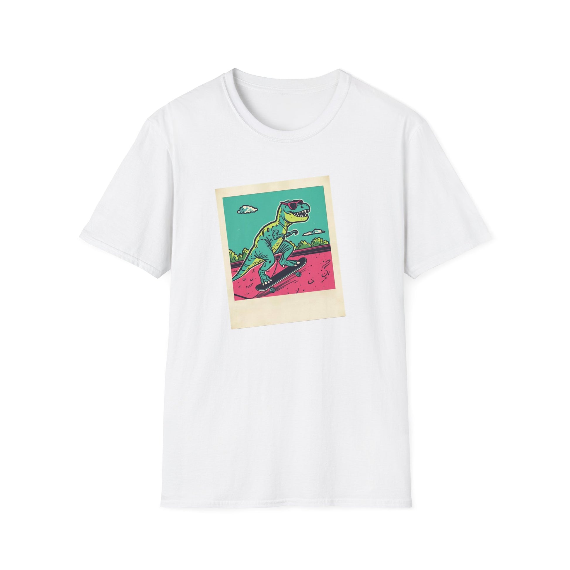 Retro Skater T-Rex T-Shirt – 90s Polaroid Dinosaur in Sunglasses in White