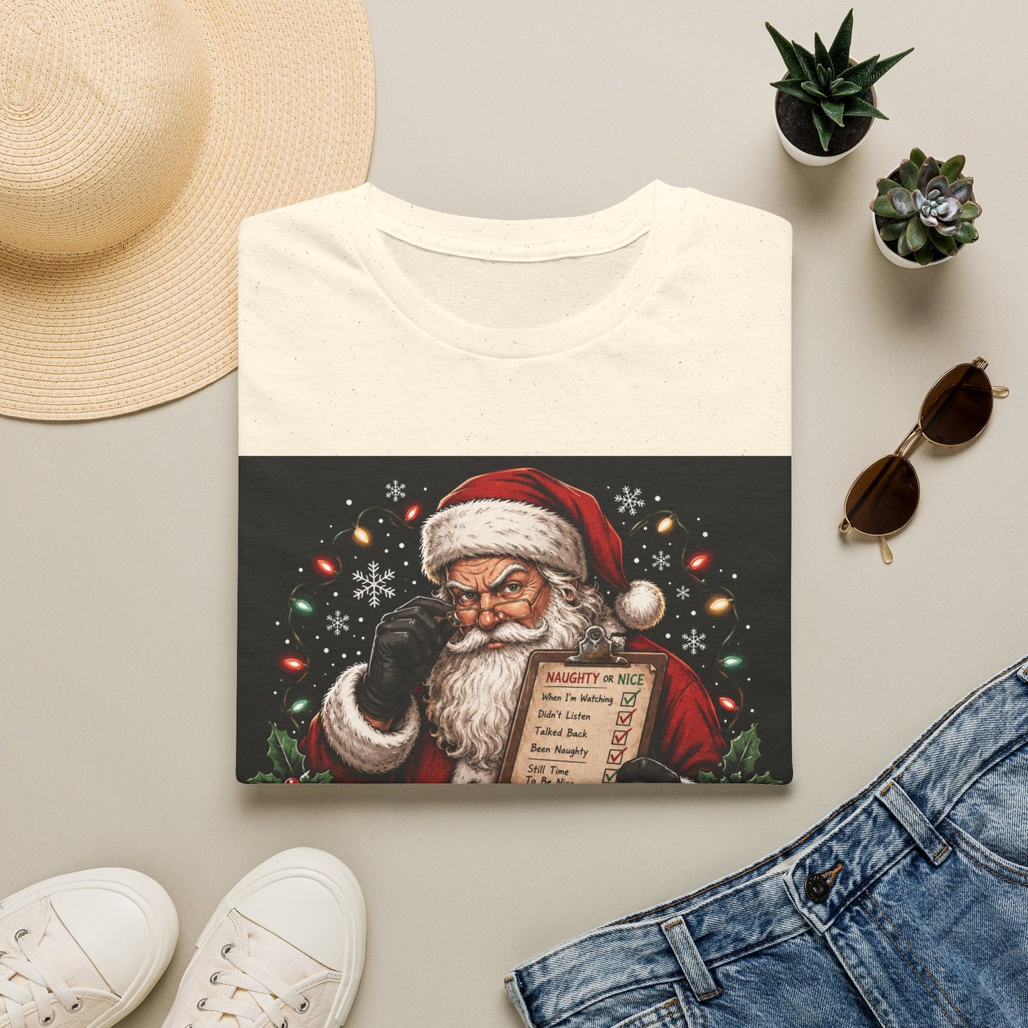 Folded Santa Saw That Christmas T-Shirt in natural showing bold funny Santa Christmas design.