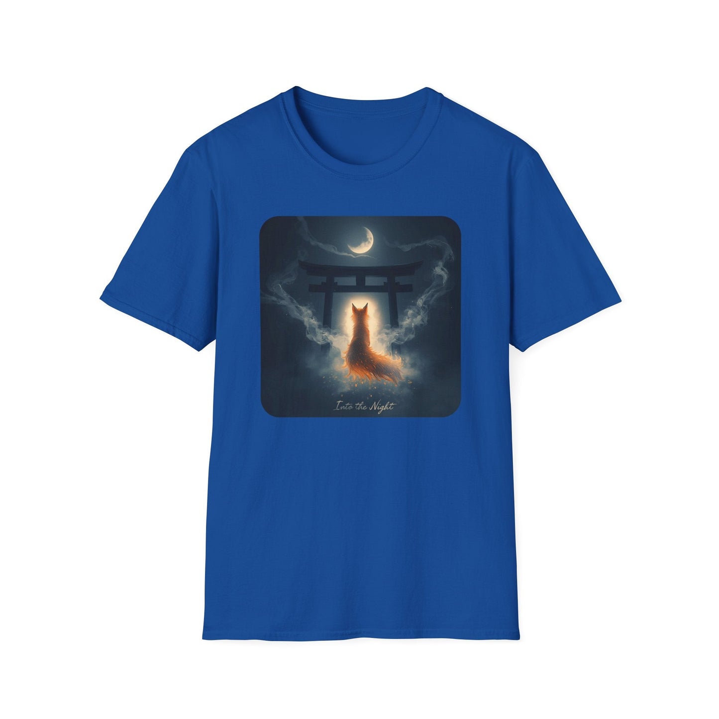 Into the Night Mystic Fox at the Torii T-Shirt in royal artwork featuring a glowing fox spirit beneath a torii gate under a crescent moon with swirling mist.