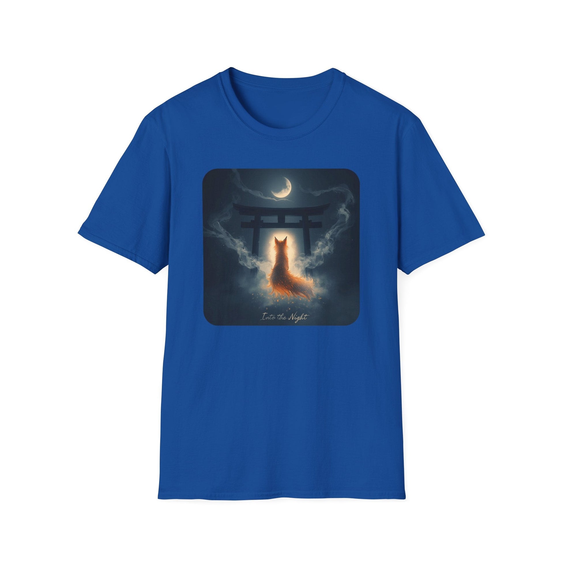 Into the Night Mystic Fox at the Torii T-Shirt in royal artwork featuring a glowing fox spirit beneath a torii gate under a crescent moon with swirling mist.