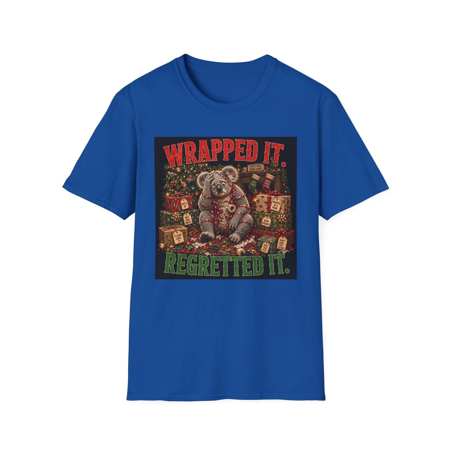 Wrapped It. Regretted It. Koala Christmas T-Shirt in royal, design with a funny Australian koala tangled in ribbon.