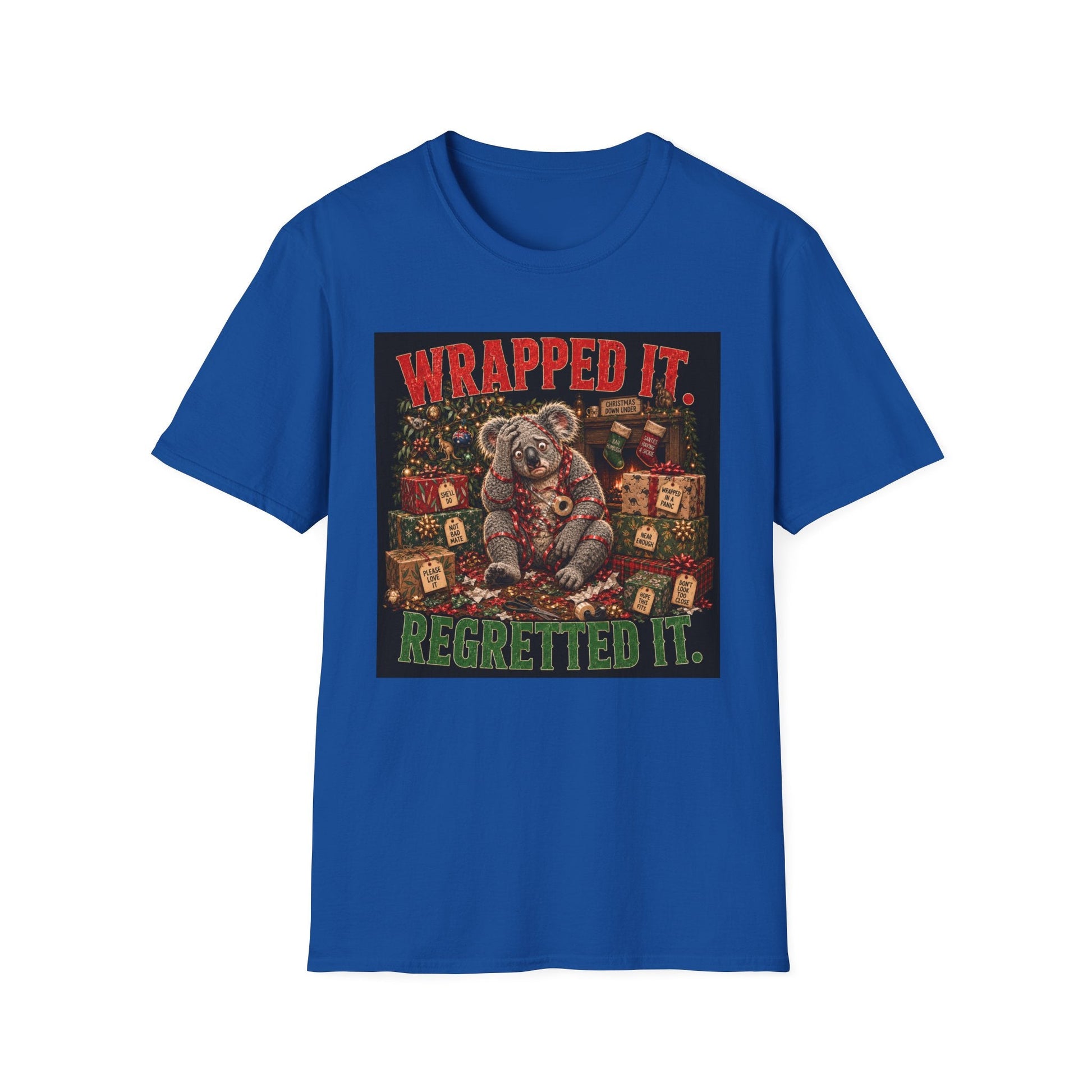Wrapped It. Regretted It. Koala Christmas T-Shirt in royal, design with a funny Australian koala tangled in ribbon.