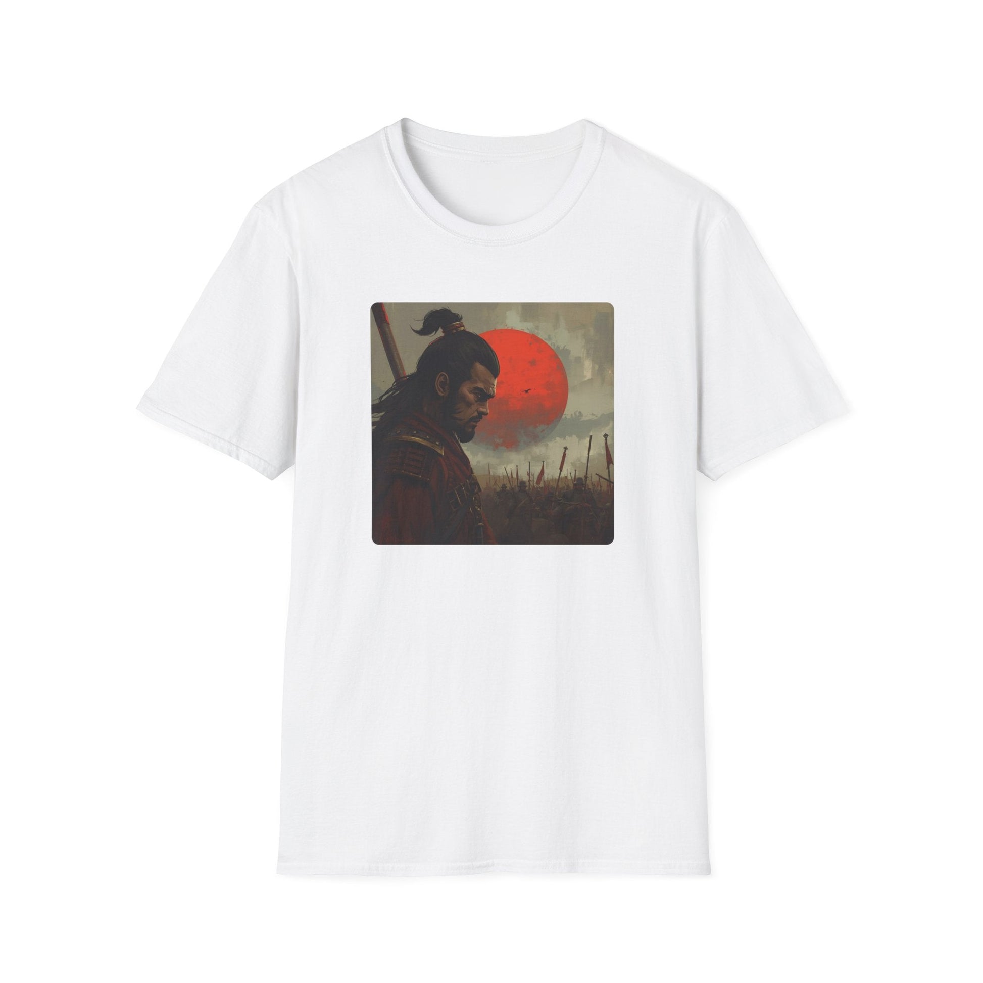 After the Silence Samurai Beneath the Blood Moon T-Shirt in white artwork featuring a lone samurai warrior, red moon, misty battlefield and dark cinematic atmosphere.