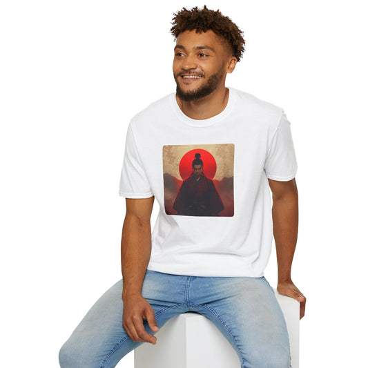 Model wearing the Samurai Sunset Warrior at the Edge of Day T-Shirt in white featuring a Japanese-inspired warrior beneath a red sunset.