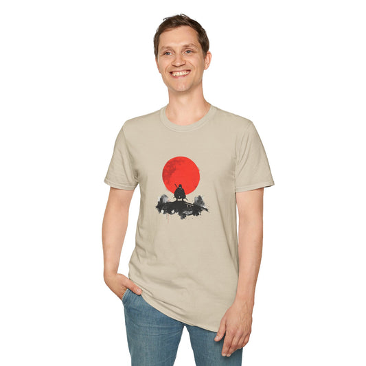 Model wearing the Silent Watch Ninja Beneath the Crimson Moon T-Shirt in natural featuring a dark ninja silhouette beneath a bold crimson moon.