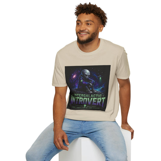 Intergalactic Introvert T-Shirt in natural shown on model with funny alien graphic design