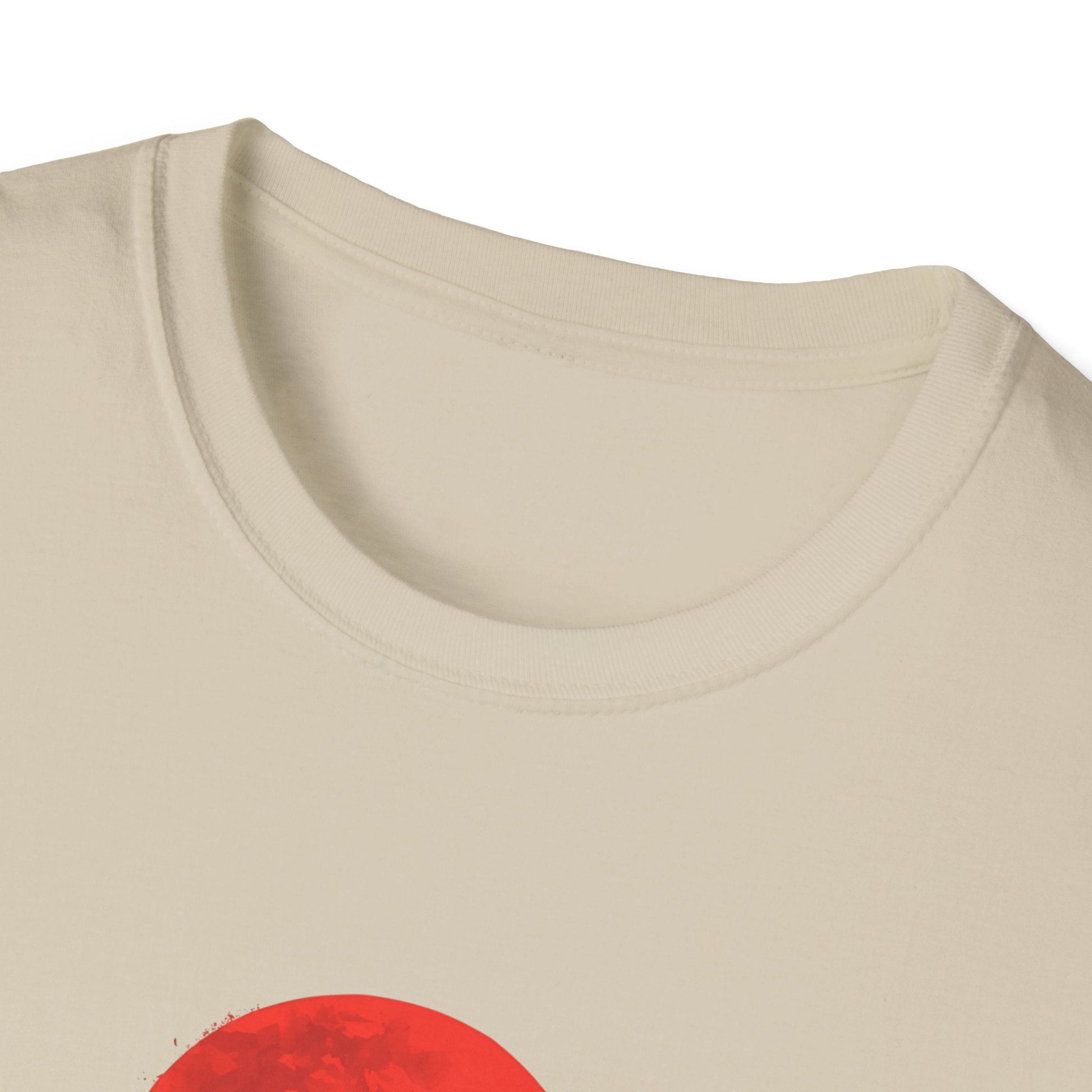 Close-up neckline view of the Silent Watch Ninja Beneath the Crimson Moon T-Shirt in natural with red moon ninja artwork visible on the front.
