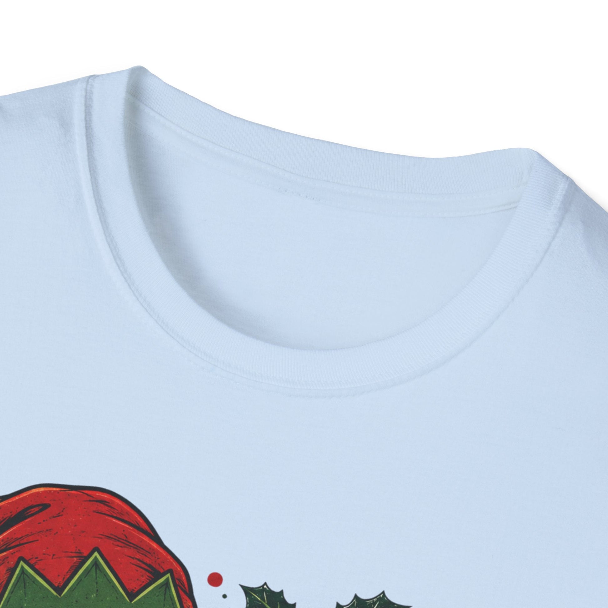 Close-up neckline image of the Resting Elf Face Sassy Elf Christmas T-Shirt in light blue