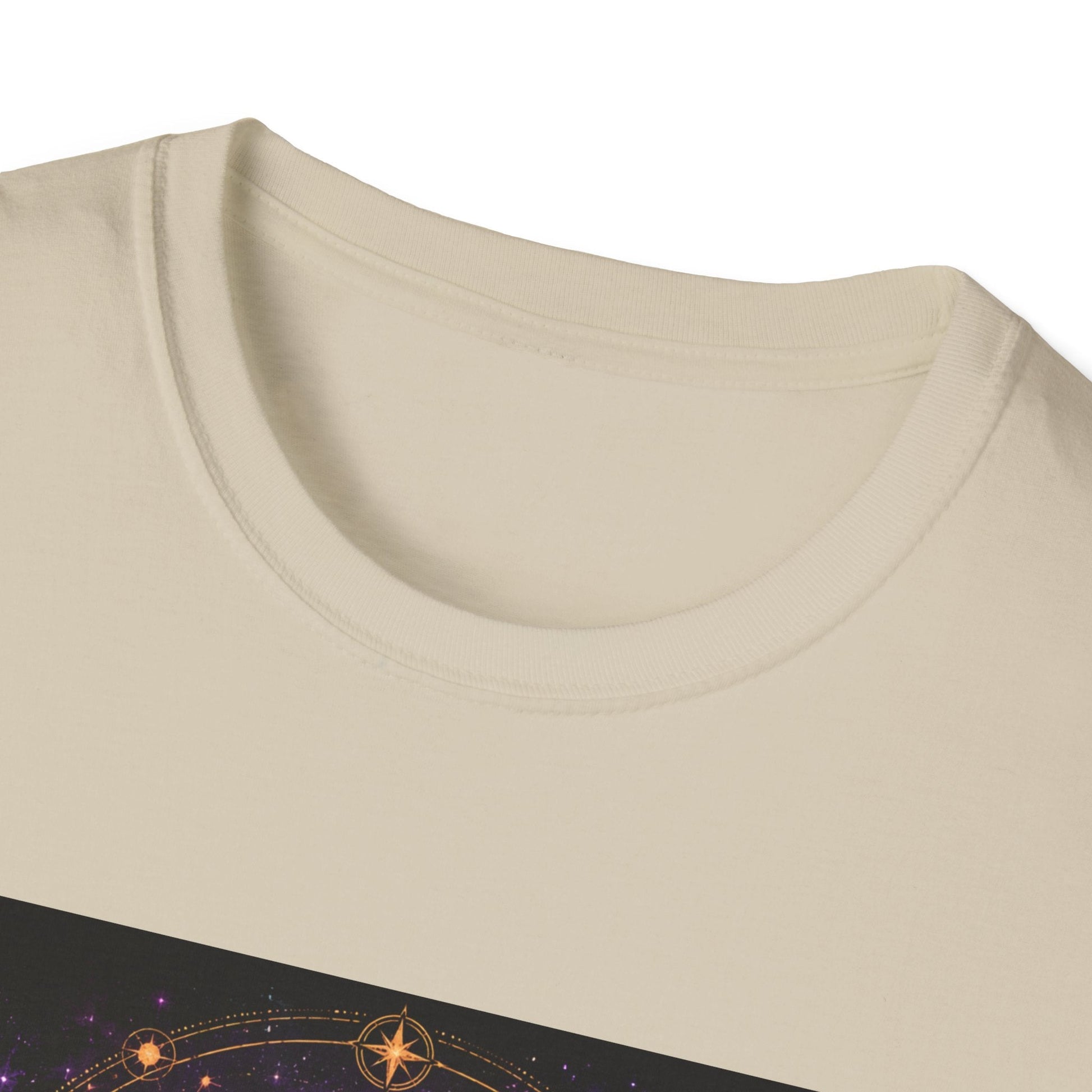 Neckline of Starseed Outlaw T-shirt in natural artwork featuring cosmic rebel and alien-inspired graphic style.
